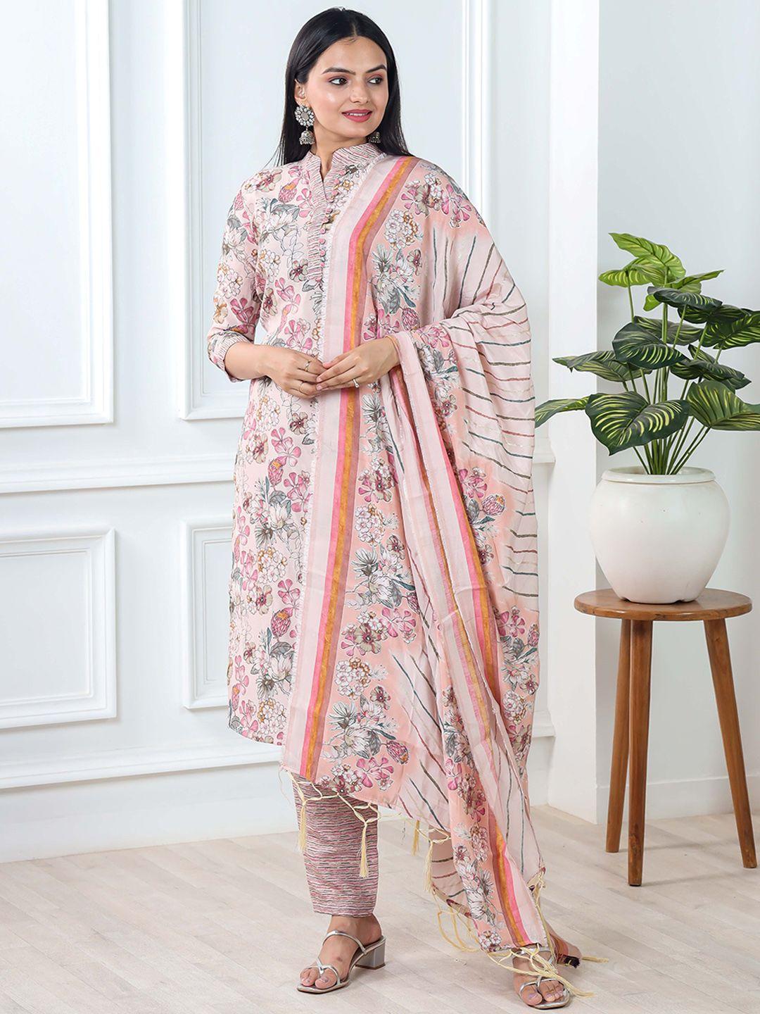 virah fashion women pink floral printed regular chanderi cotton kurti with trousers & with dupatta