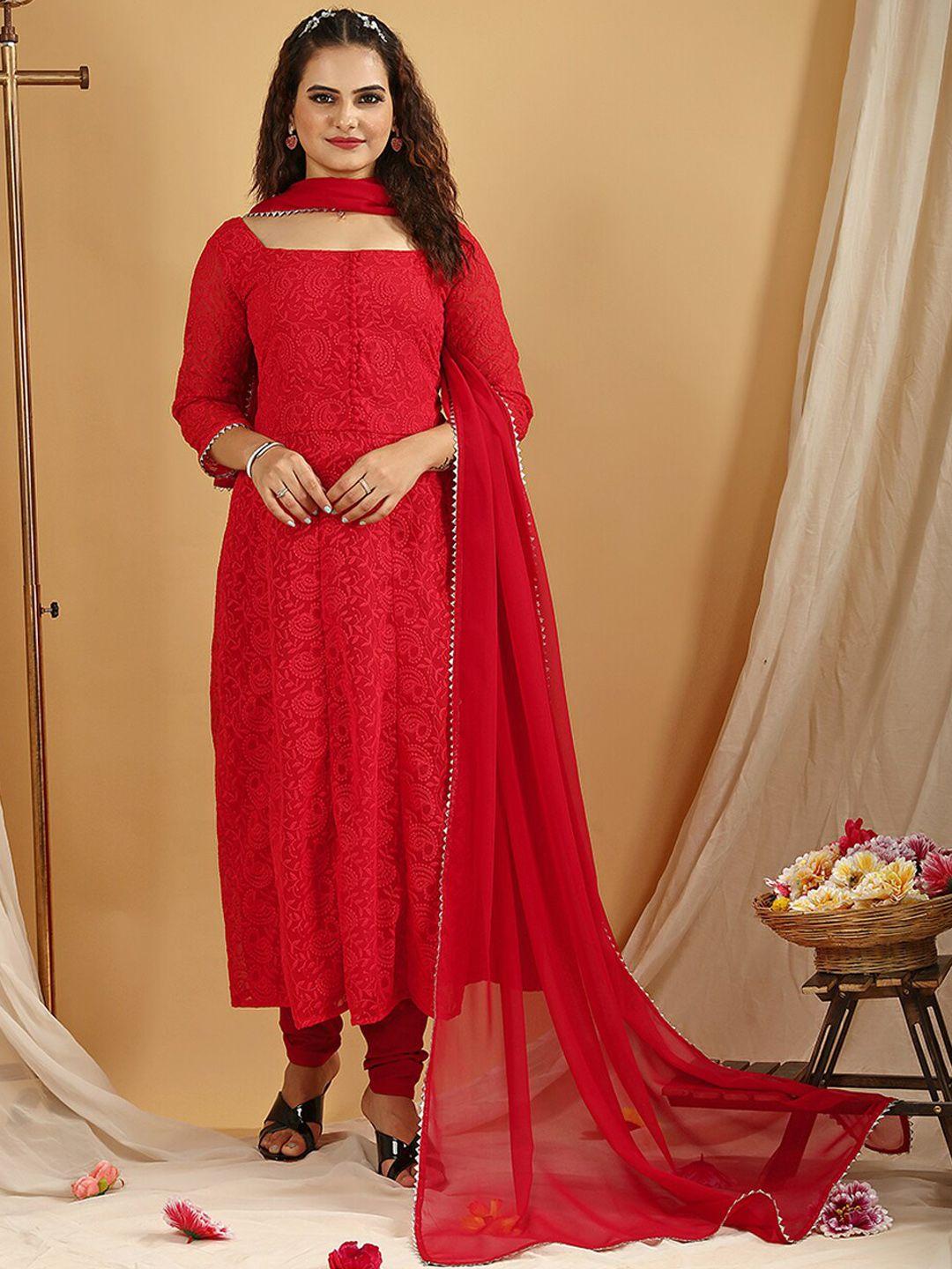 virah fashion women red floral embroidered regular chikankari kurta with churidar & with dupatta