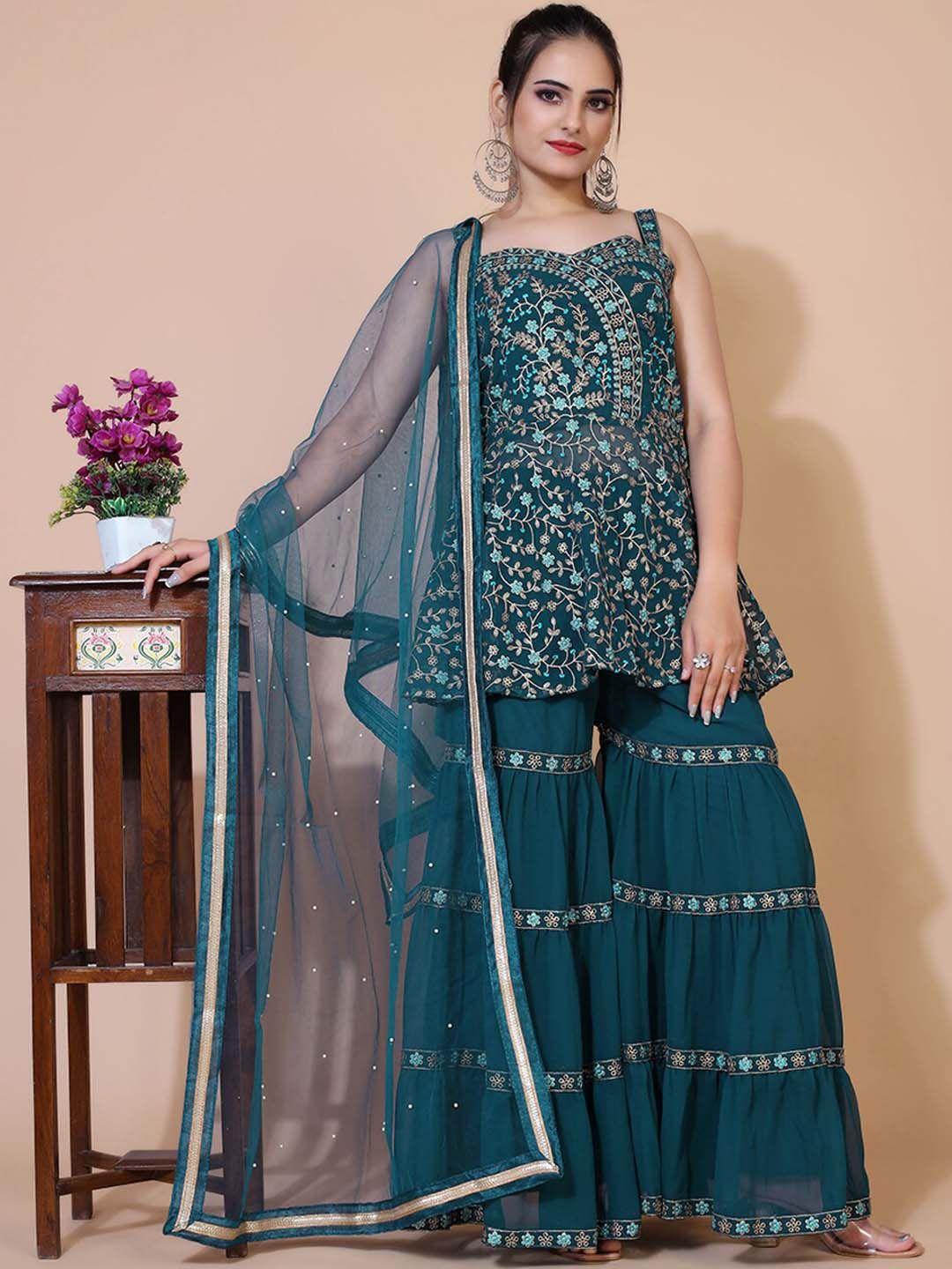 virah fashion women teal embroidered empire thread work kurti with sharara & with dupatta