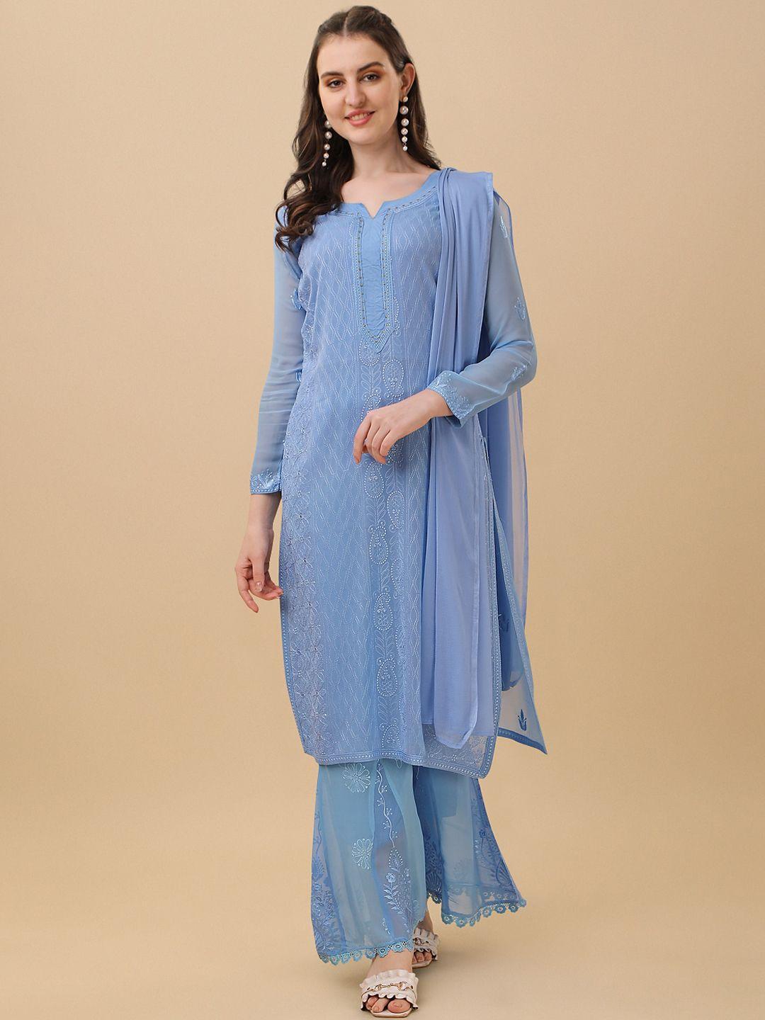 virah fashion women turquoise blue floral embroidered silk georgette kurta with sharara & with dupatta