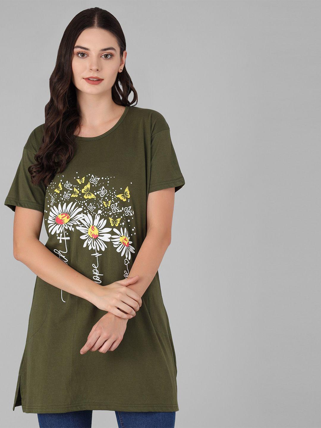 viral trend women olive green & white floral printed drop-shoulder sleeves cotton t-shirt