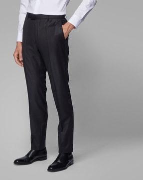 virgin wool slim fit pleated trousers