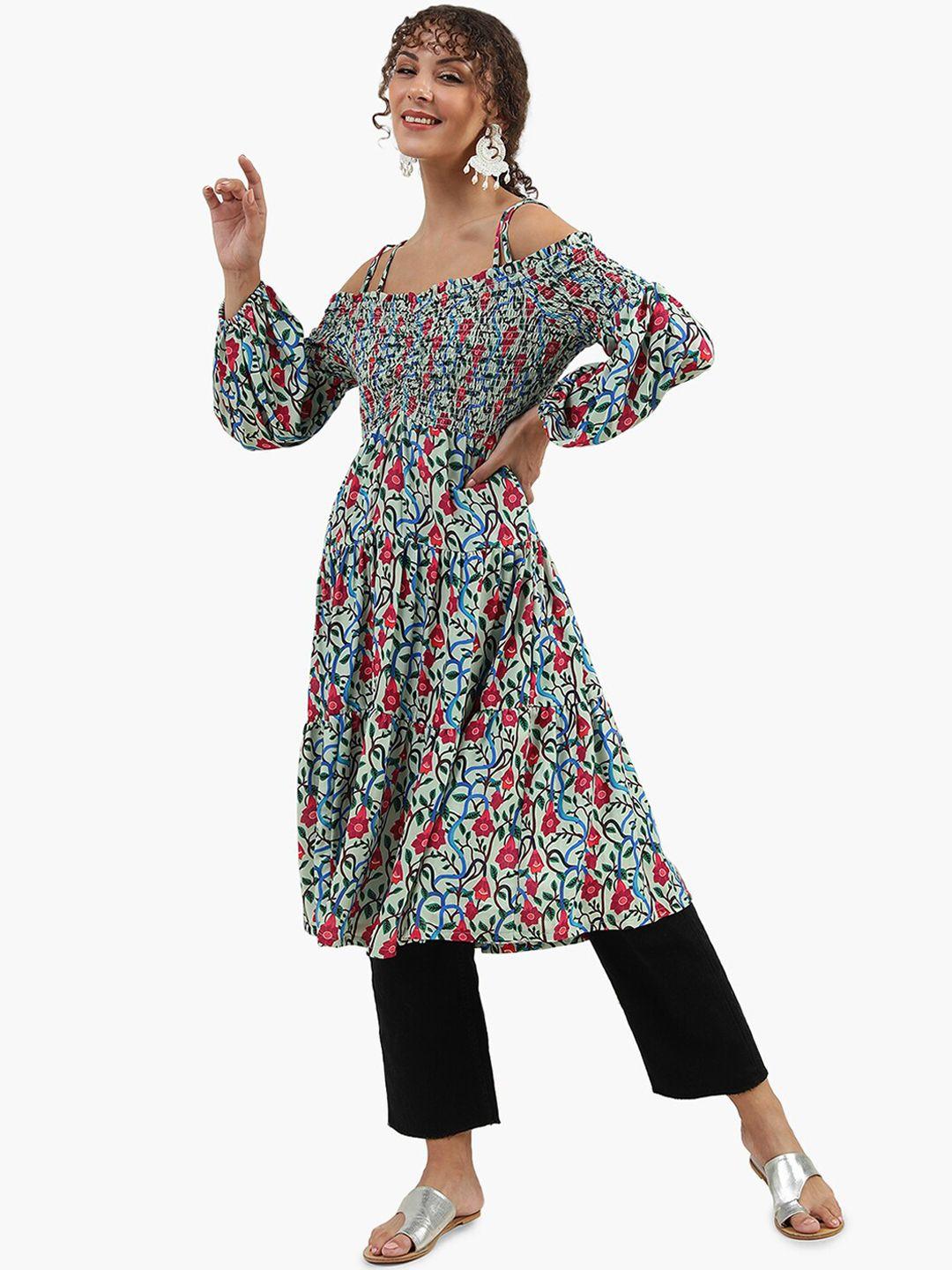 virgio floral printed cold-shoulder sleeves tiered anarkali kurta