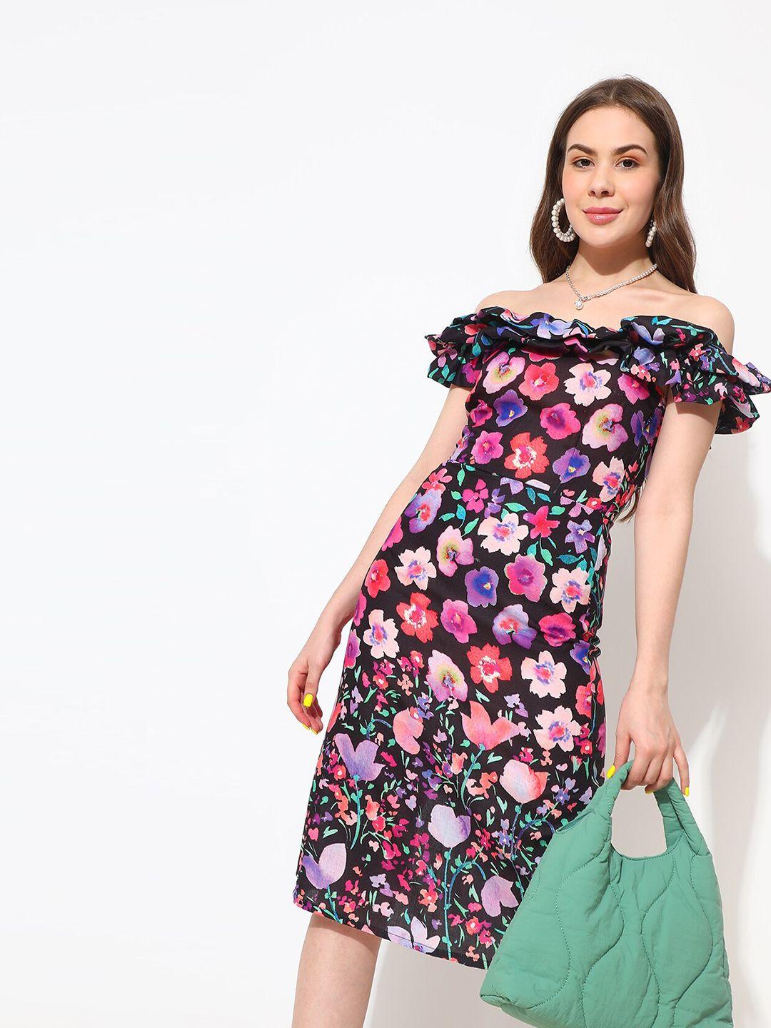 virgio multicoloured floral print off-shoulder flutter sleeve a-line dress