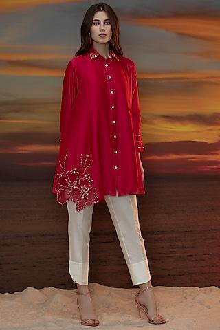 virtual pink hand embroidered pleated tunic set