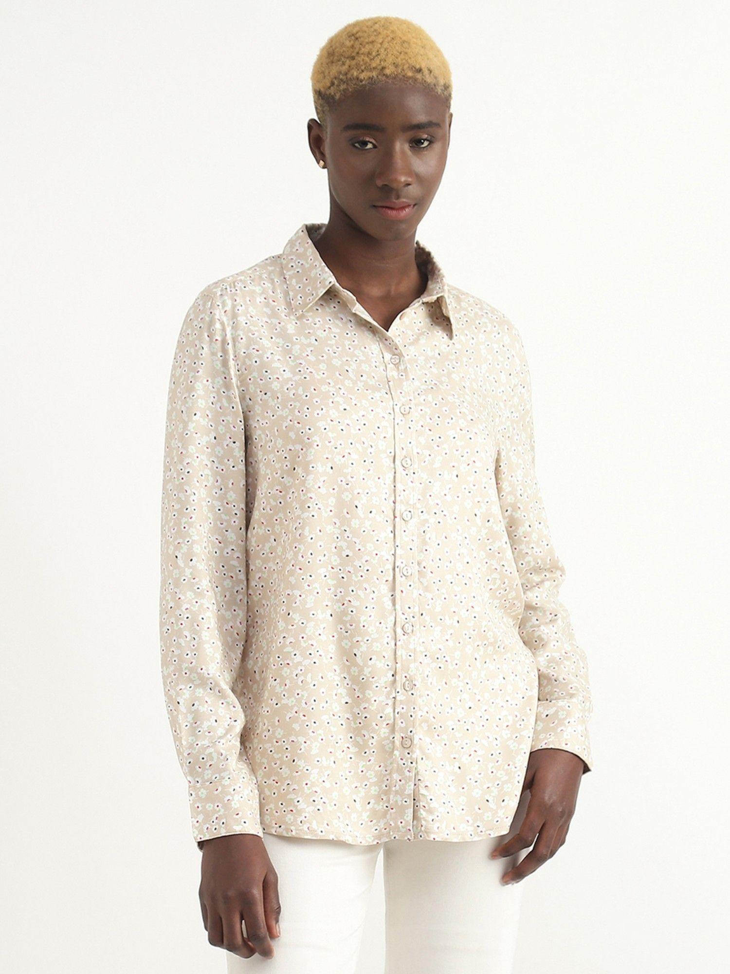 viscose beige floral collar neck women shirt