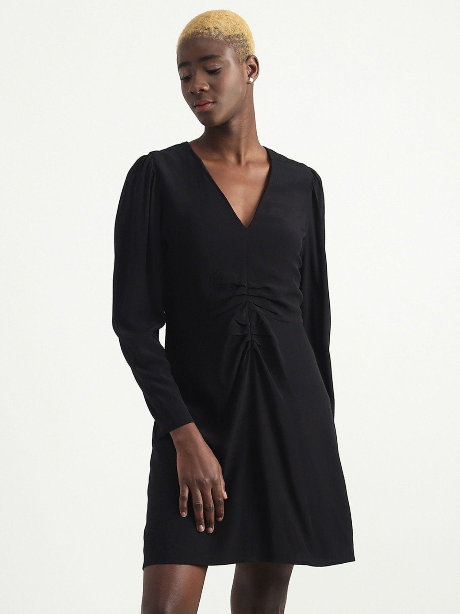 viscose black solid v-neck women dress