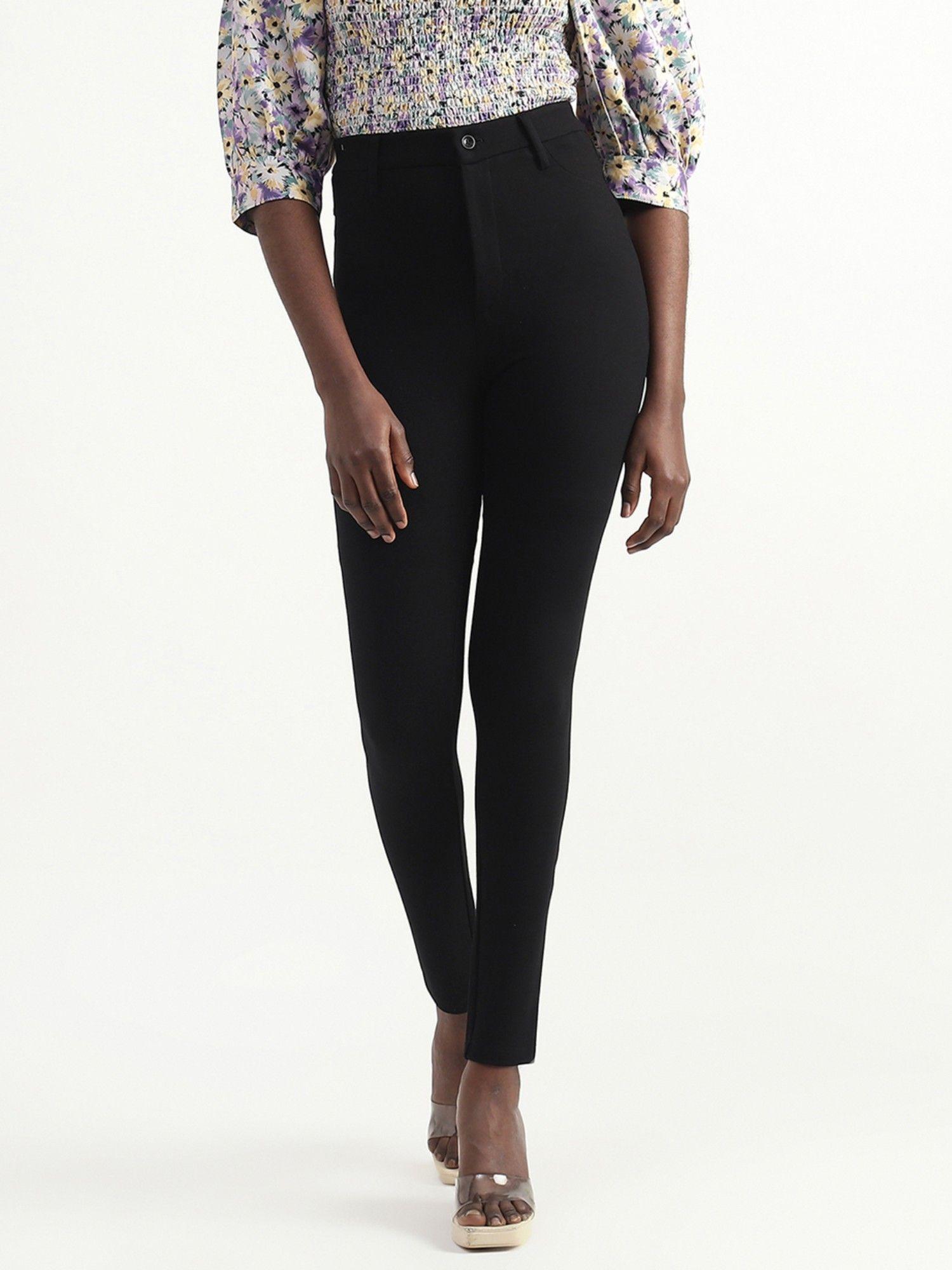 viscose blend black solid regular length women trouser