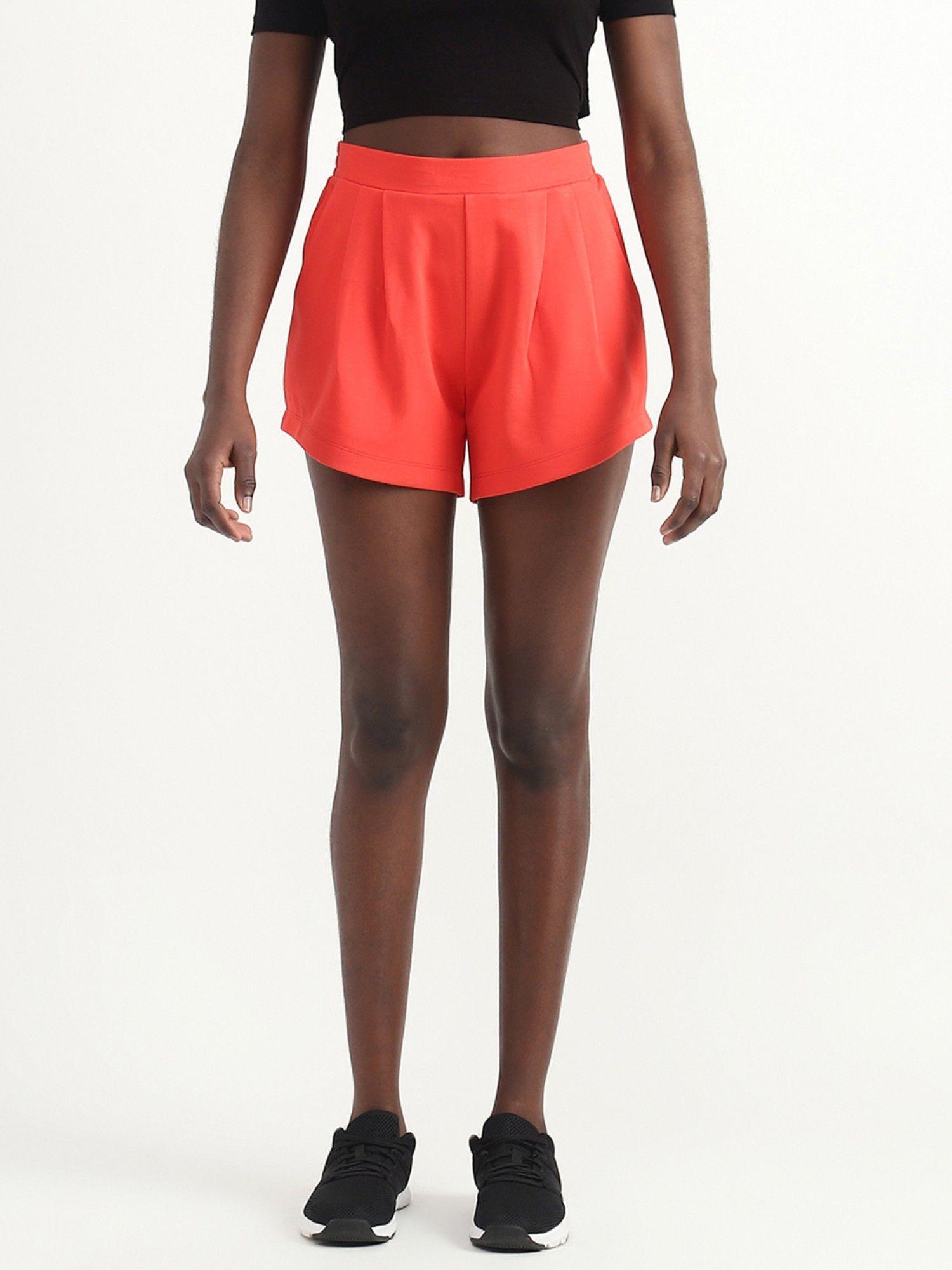 viscose blend orange solid regular length women shorts