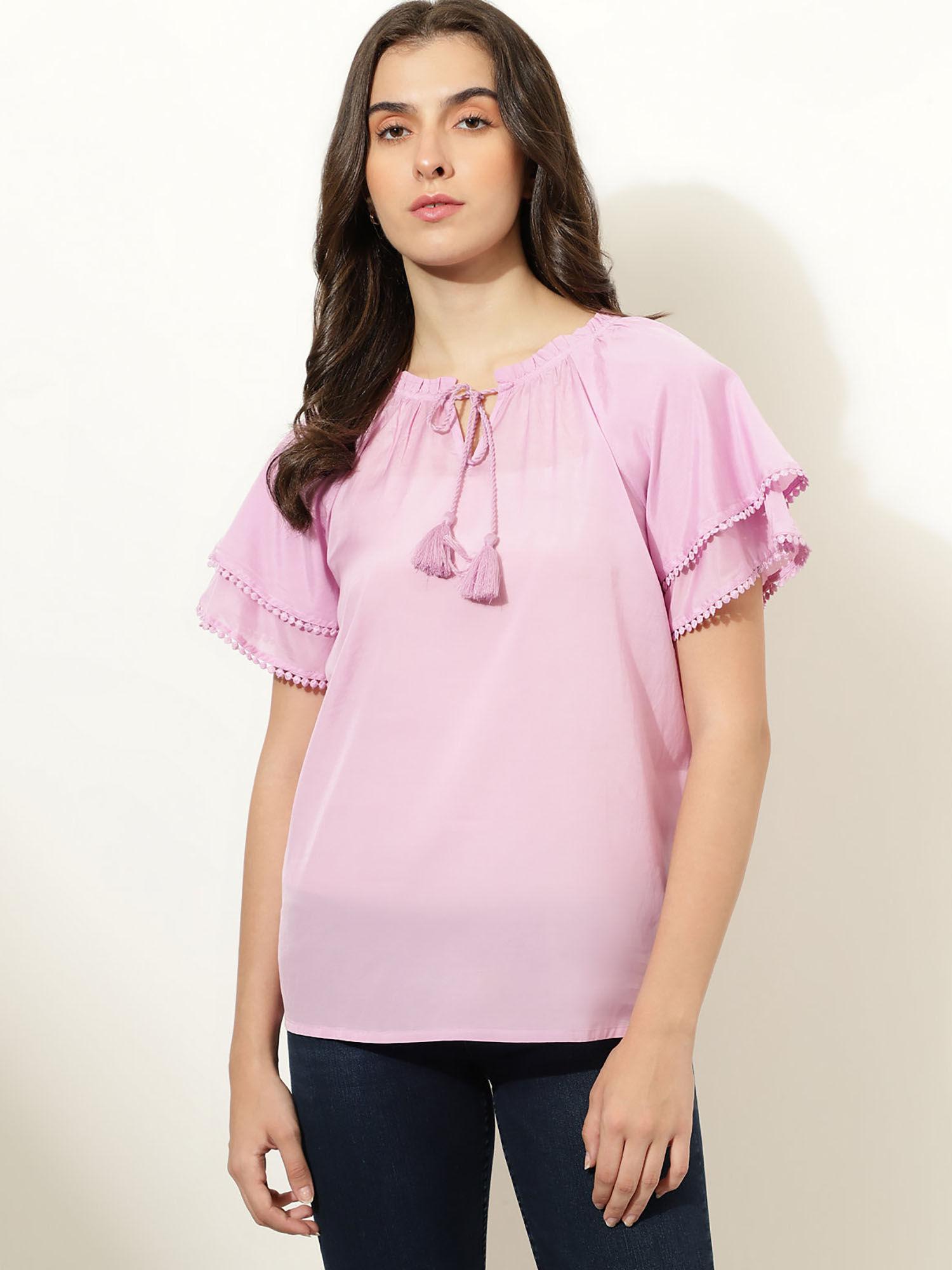 viscose blend solid tie up neck top