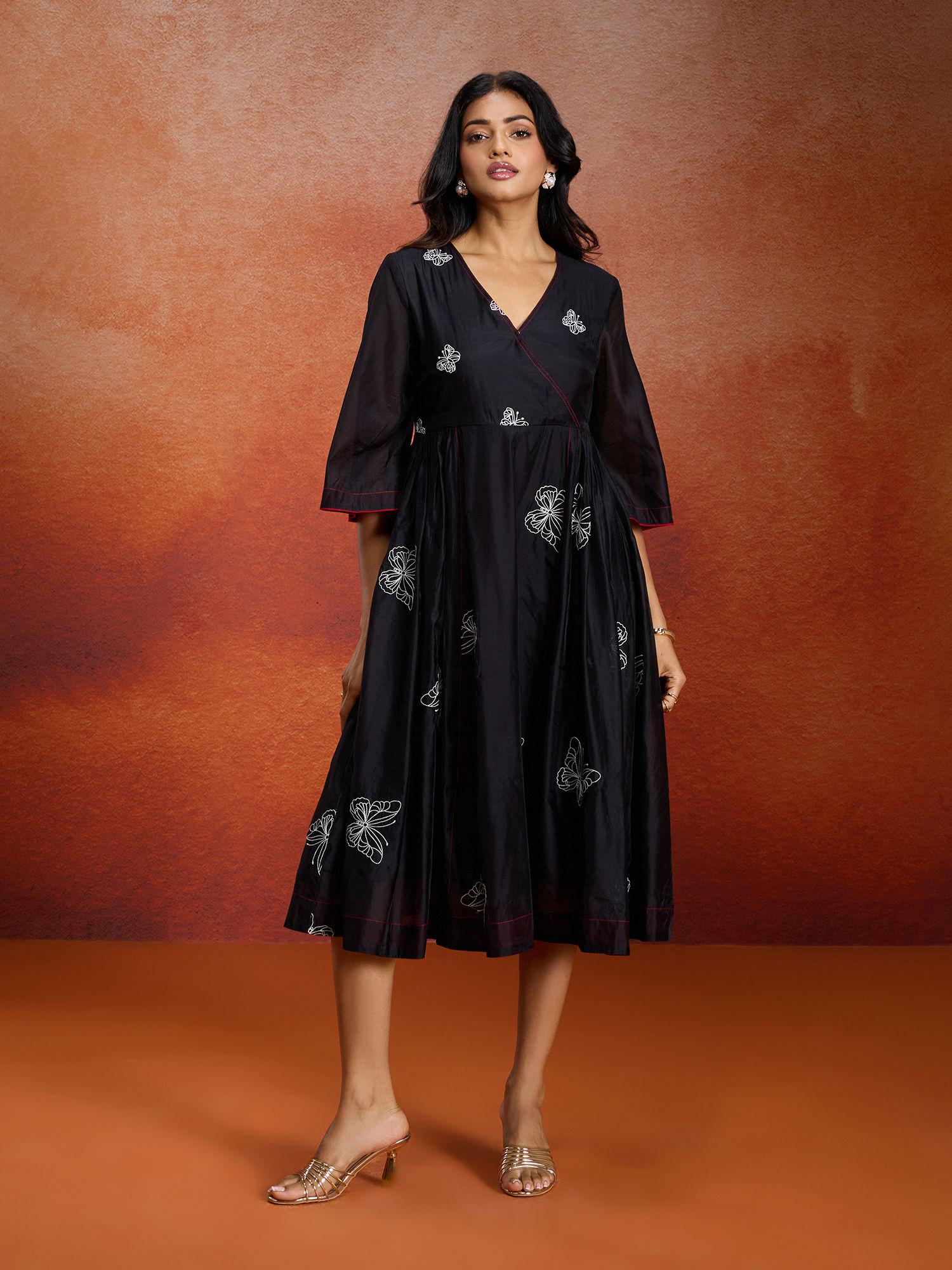 viscose chanderi angarkha butterfly embroiderd black kurta likfuku1014