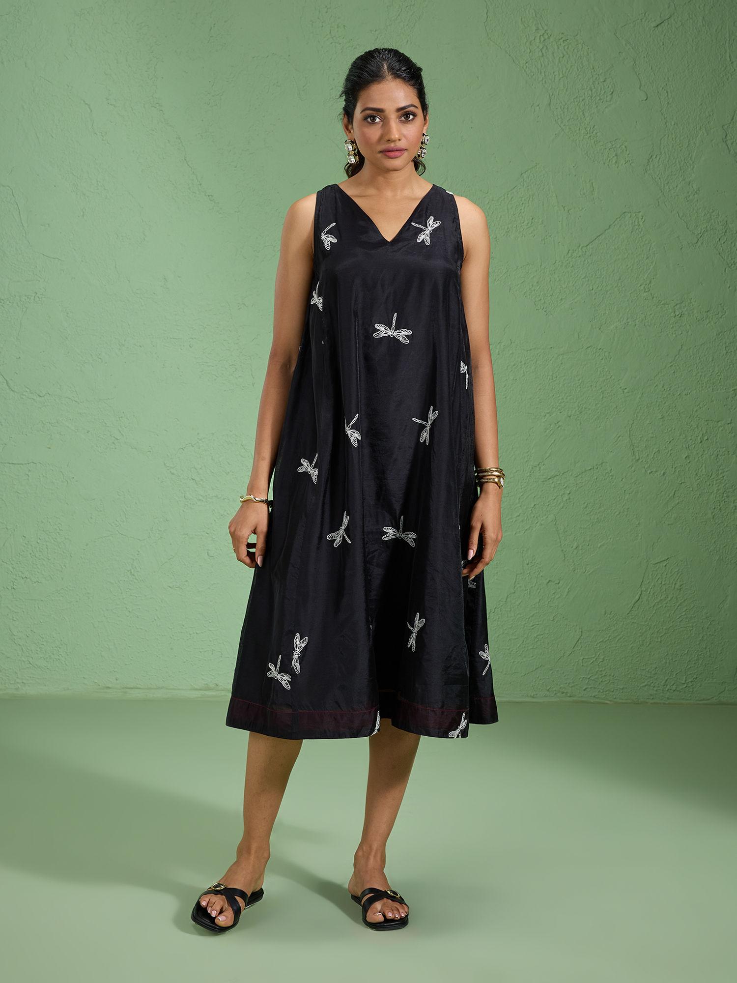 viscose chanderi flared black dragonfly embroidered dress likfudr1009