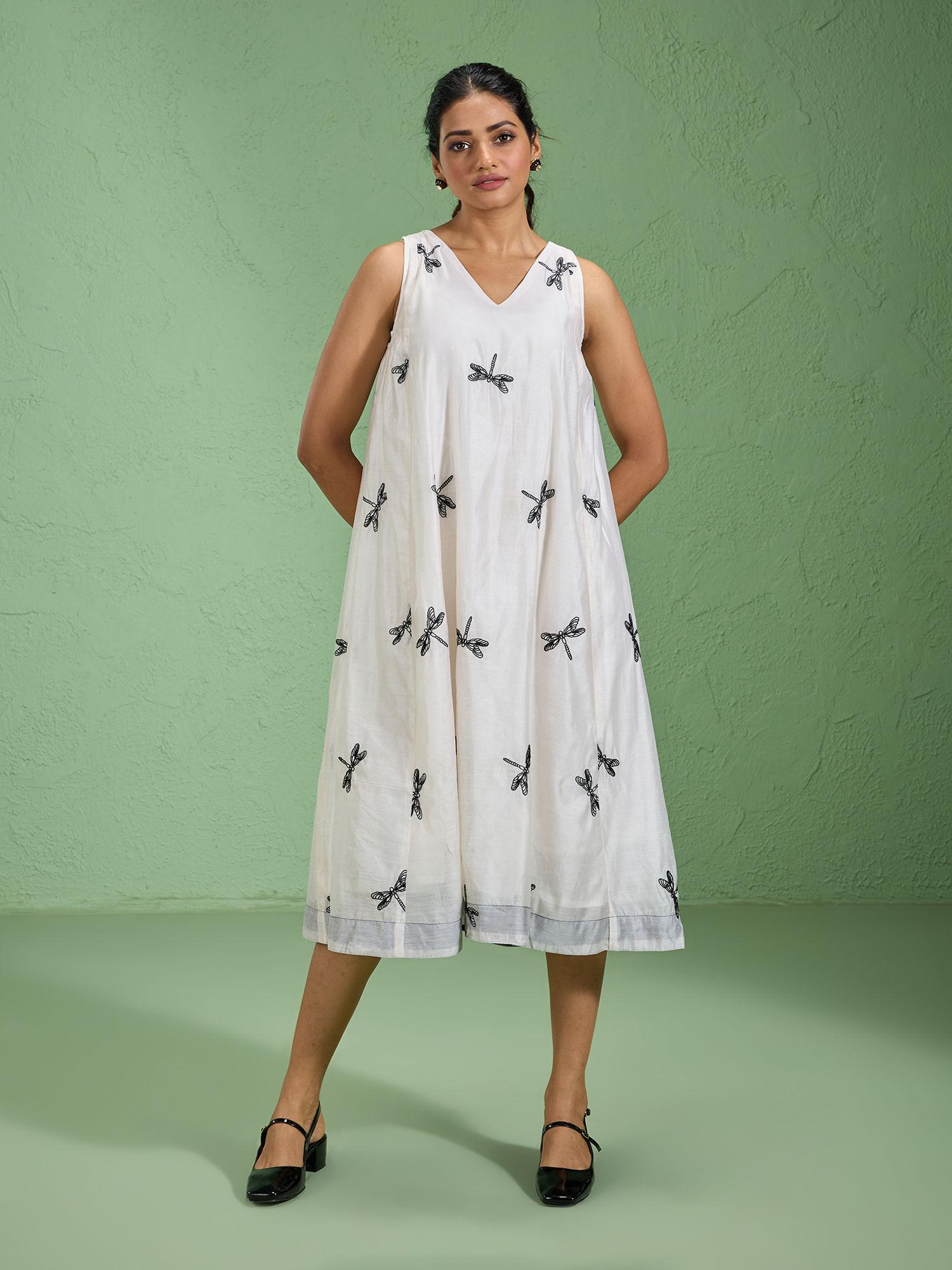 viscose chanderi flared white dragonfly embroidered dress likfudr1009