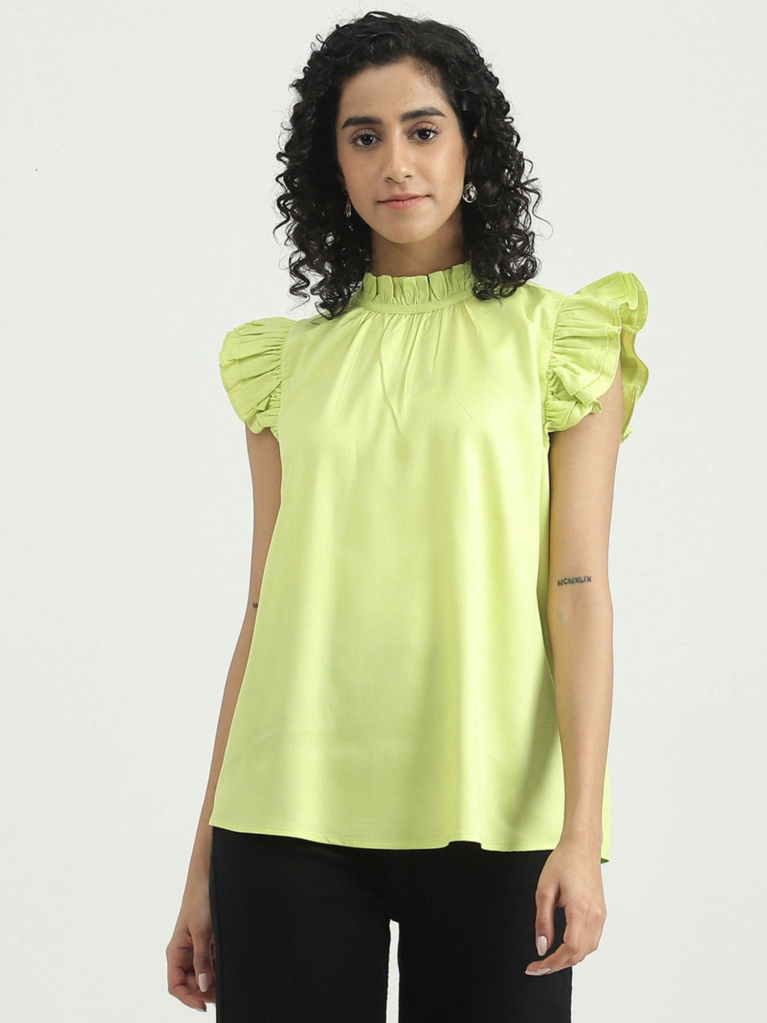 viscose green solid round neck women top