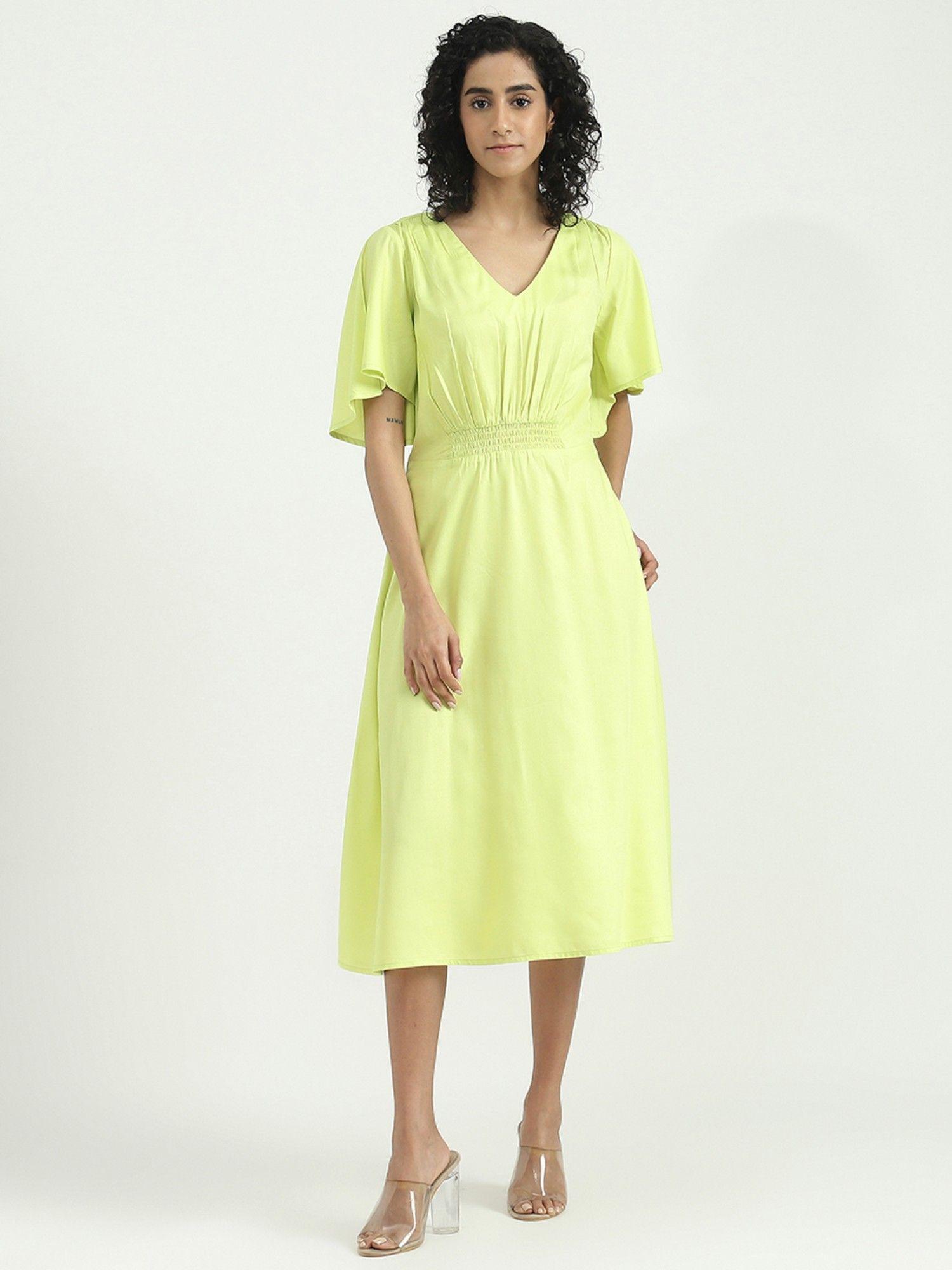 viscose green solid v-neck women dress