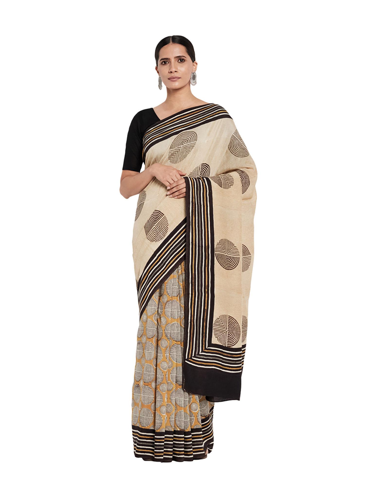 viscose hand block printed sari- mustard