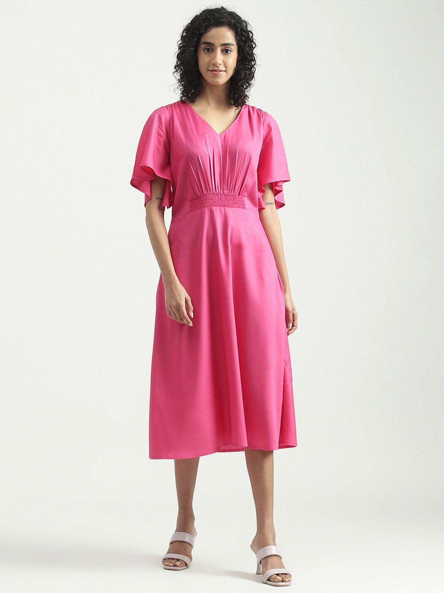 viscose magenta solid v-neck women dress (xs)