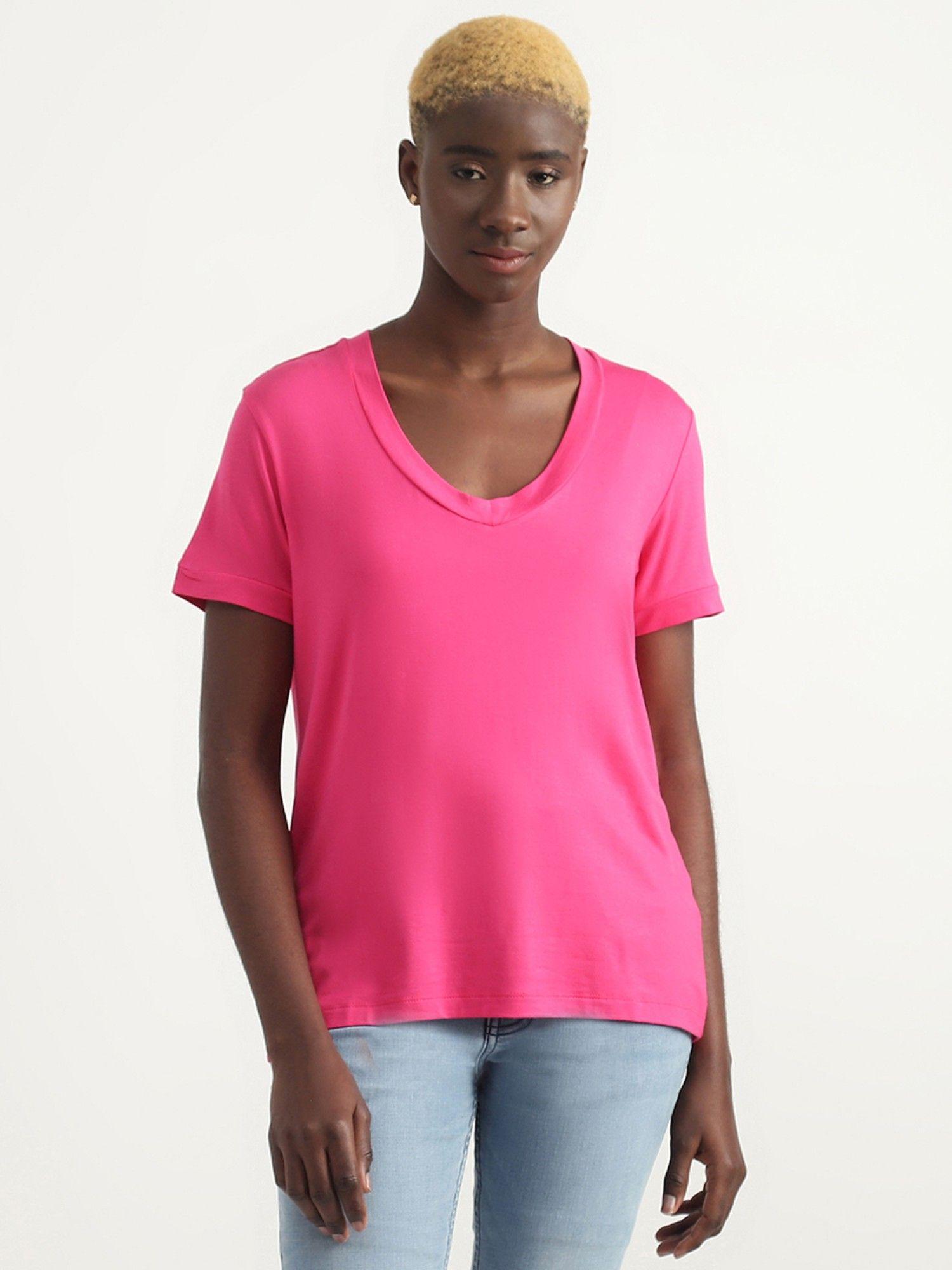 viscose magenta solid v-neck women t-shirt (xs)