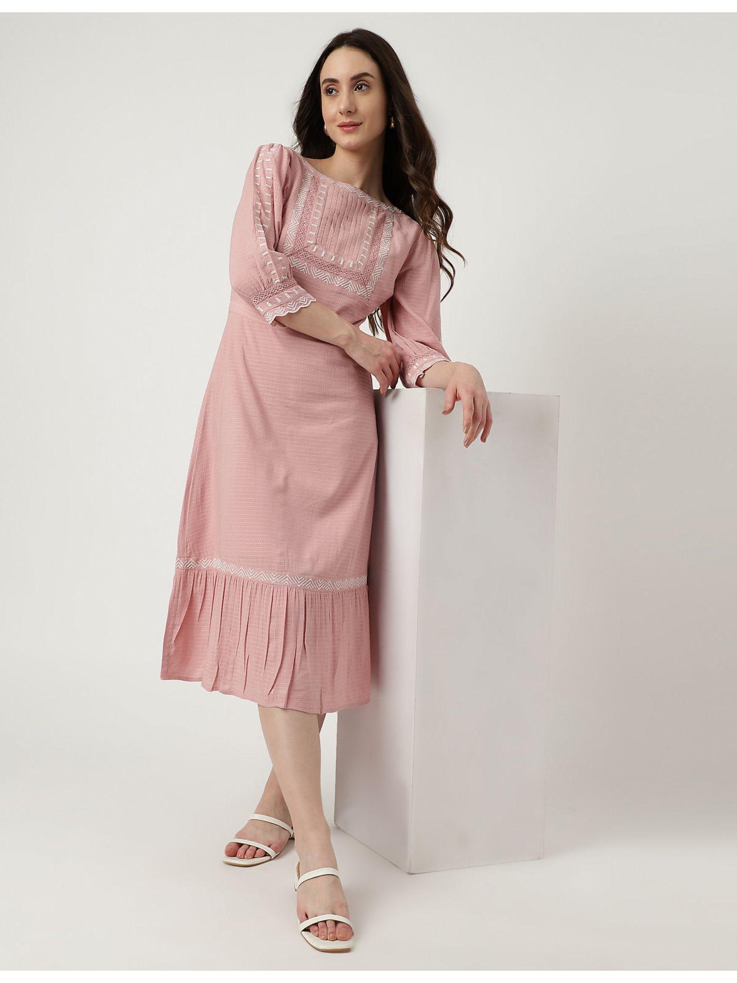 viscose mix embroidered boat neck dress