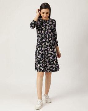 viscose mix floral print round-neck dress