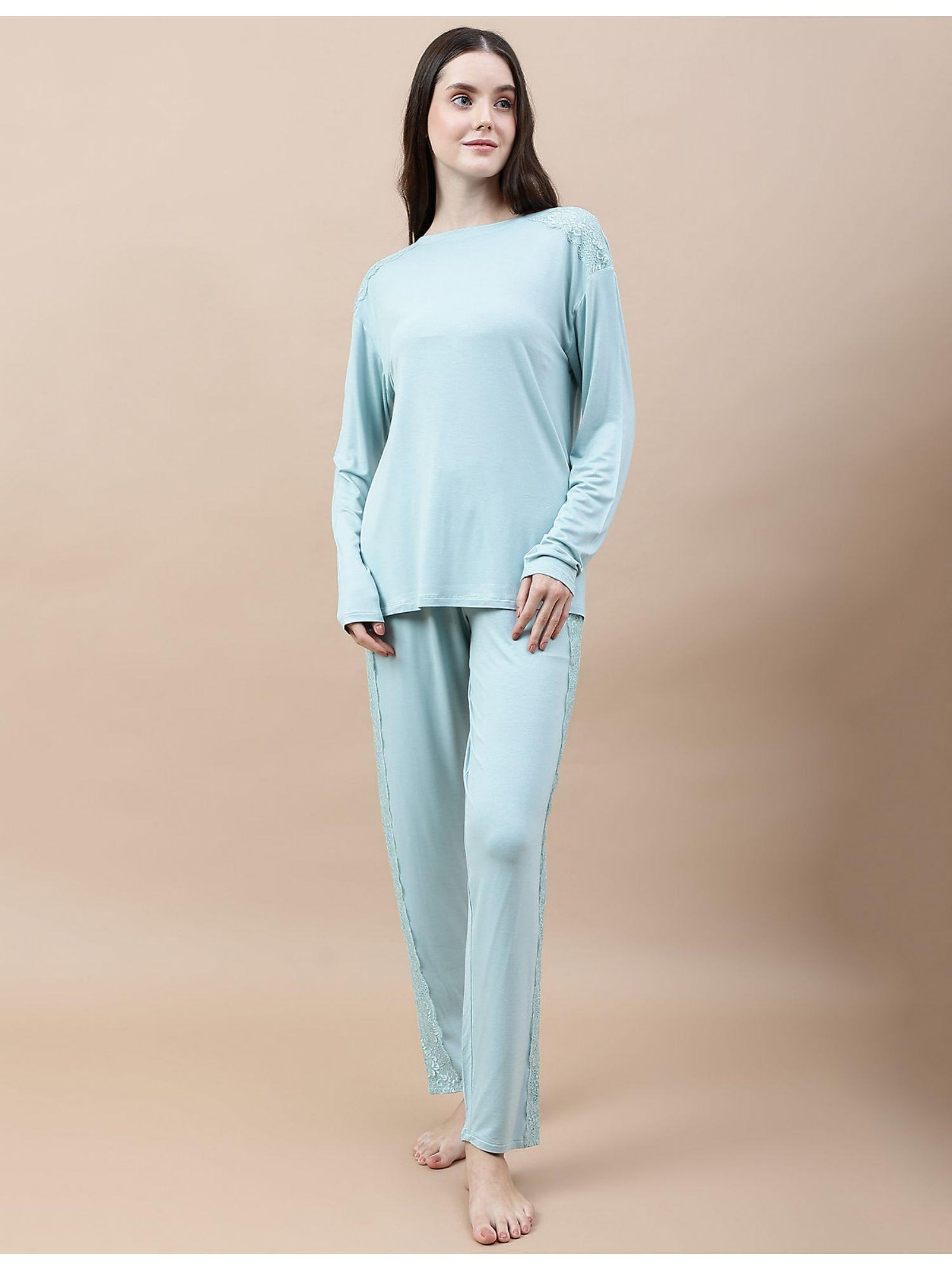 viscose mix lace relaxed fit pyjama set - blue (set of 2)