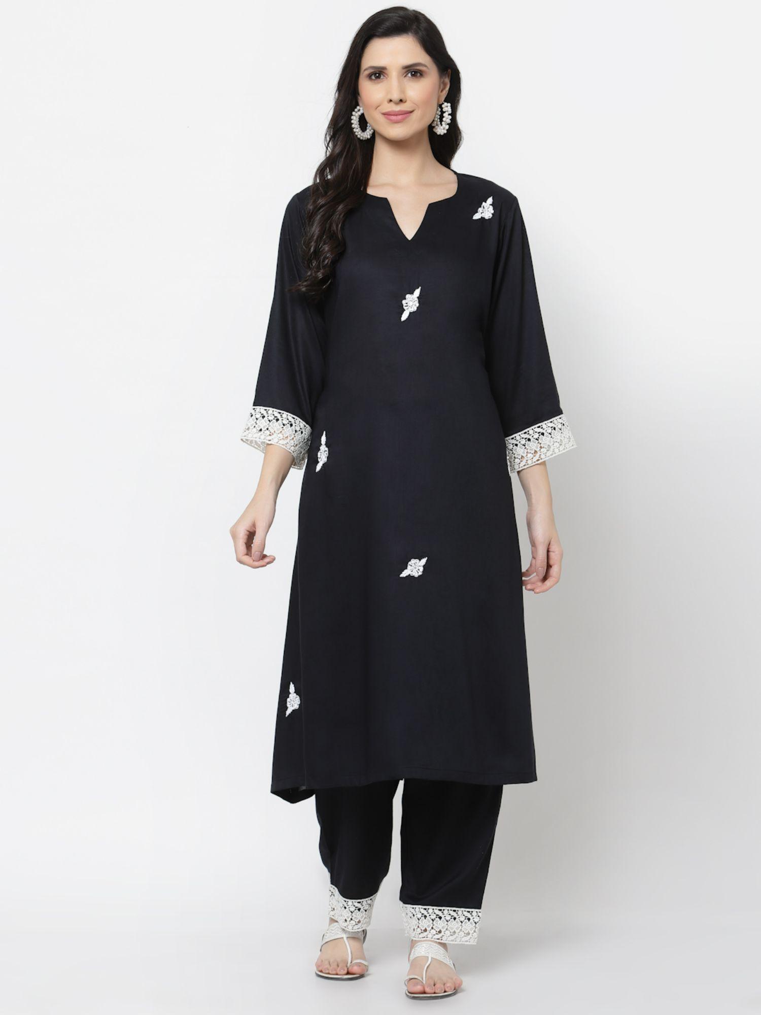 viscose modal fabric kurta with lace detailing black