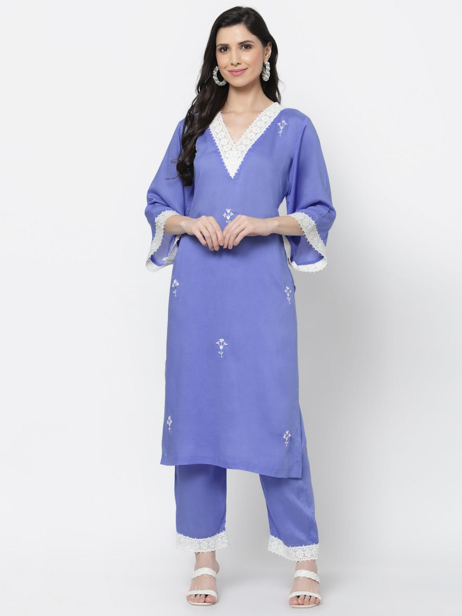 viscose modal fabric kurta with lace detailing blue