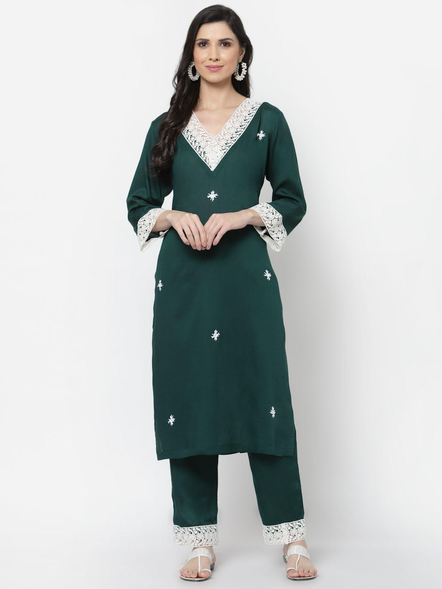 viscose modal fabric kurta with lace detailing green