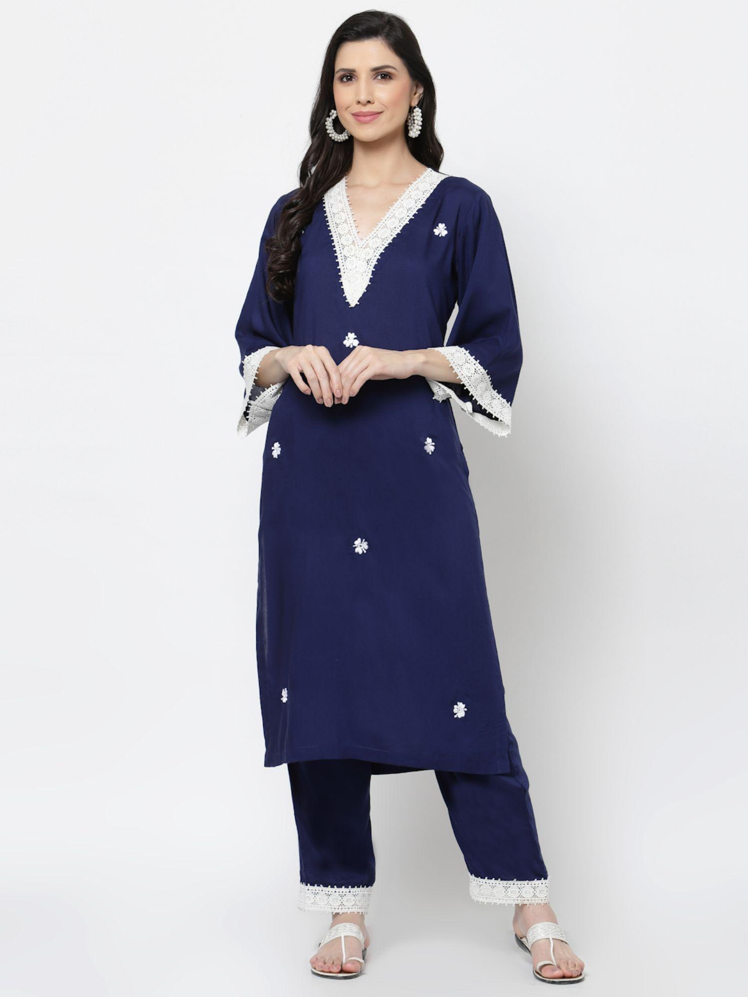 viscose modal fabric kurta with lace detailing navy blue