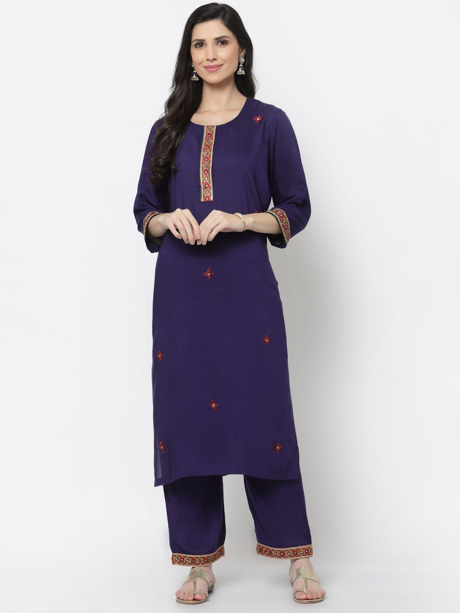 viscose modal fabric mirror work kurta navy blue