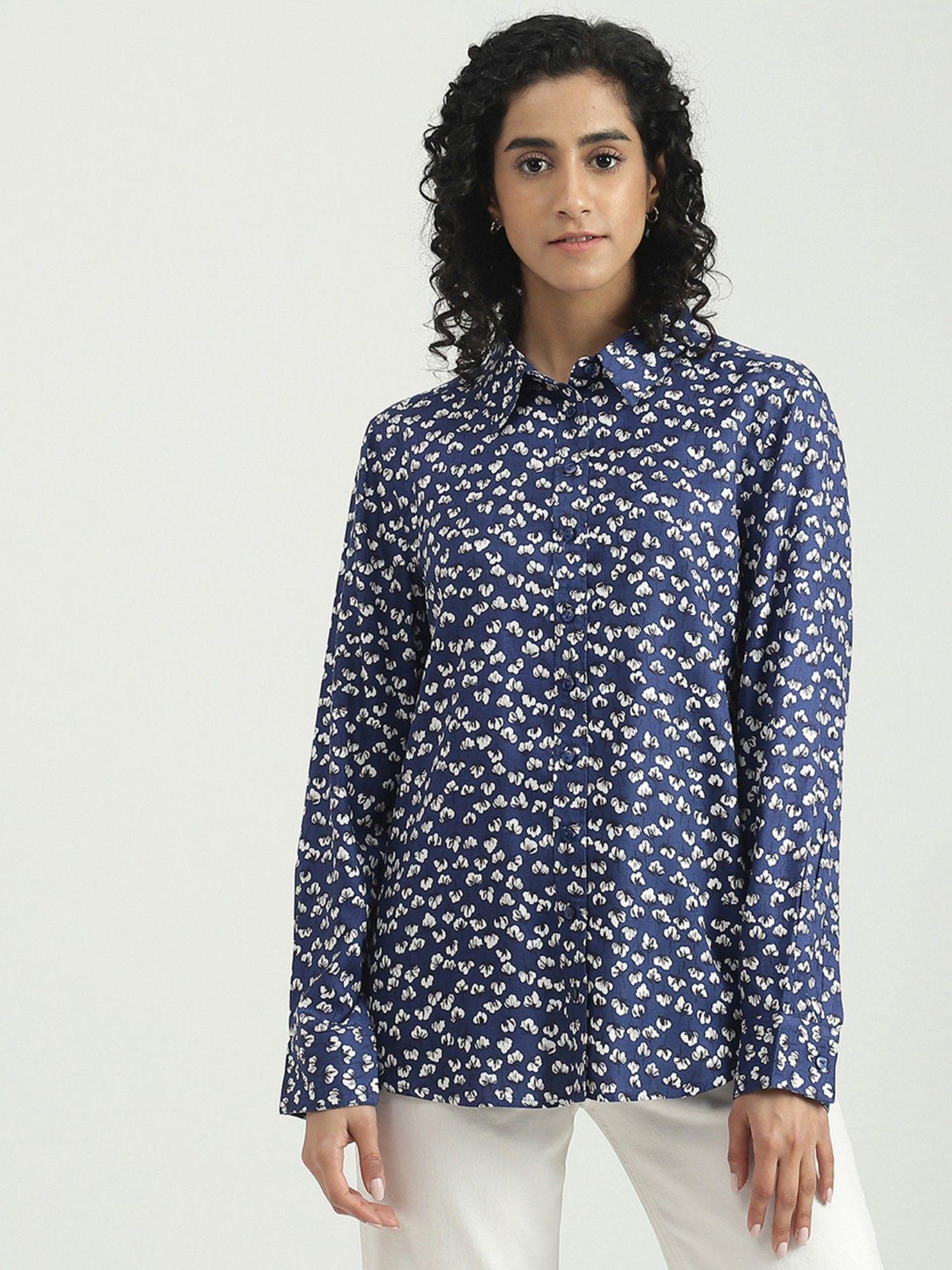 viscose navy blue floral collar neck women shirt