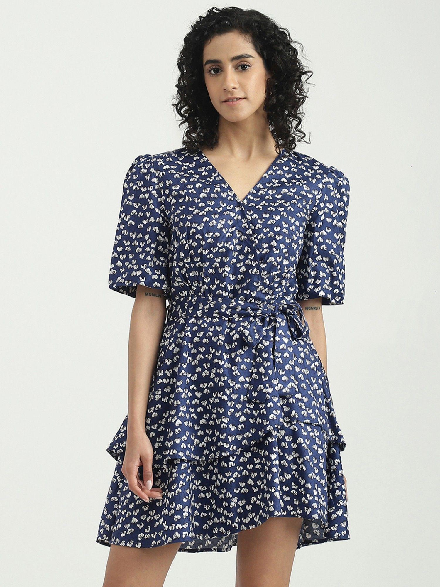 viscose navy blue floral v-neck women dress with belt (set of 2)