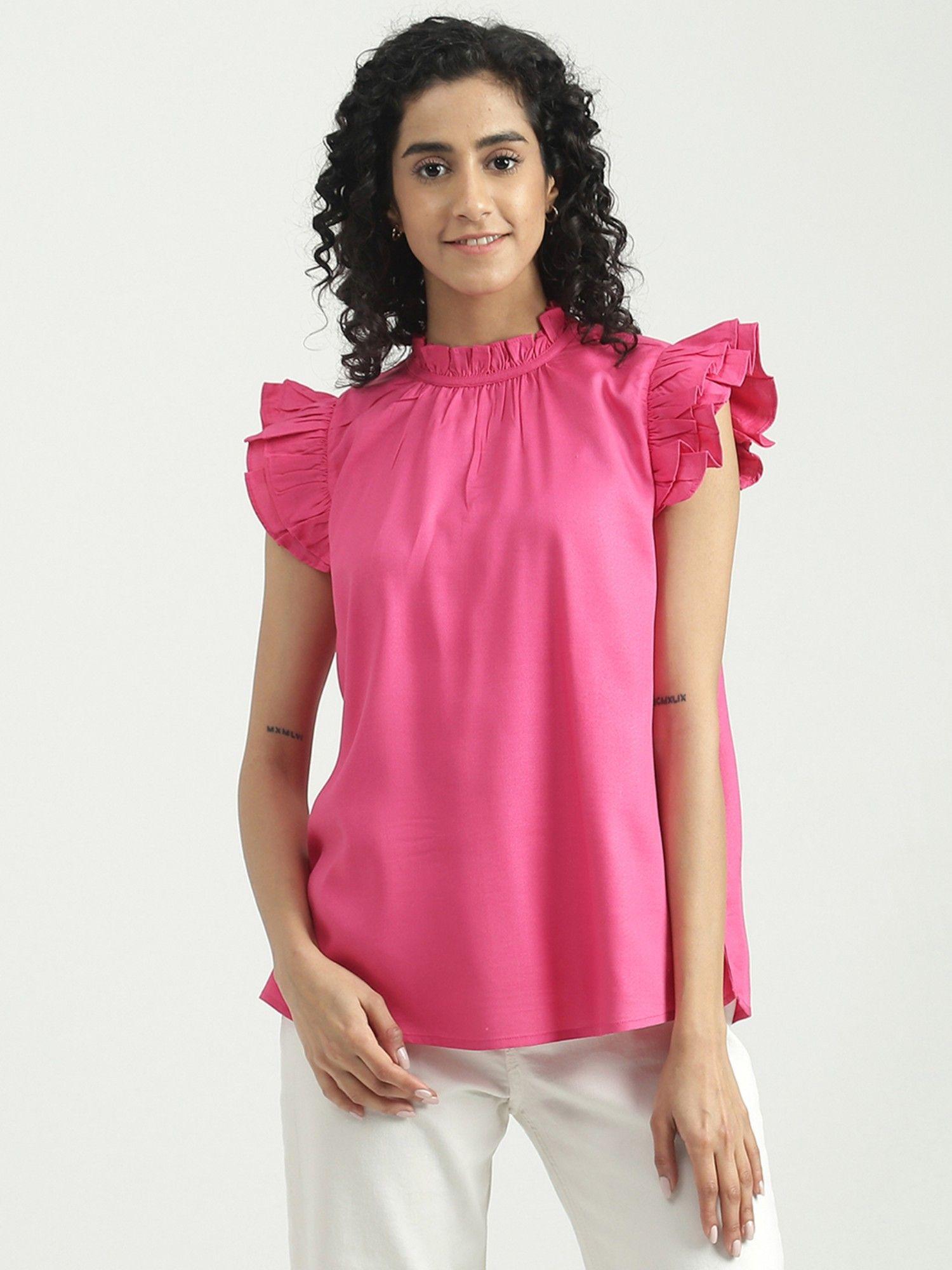 viscose pink solid round neck women top