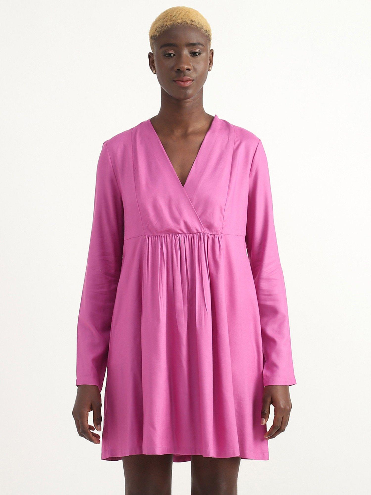 viscose pink solid v-neck women dress