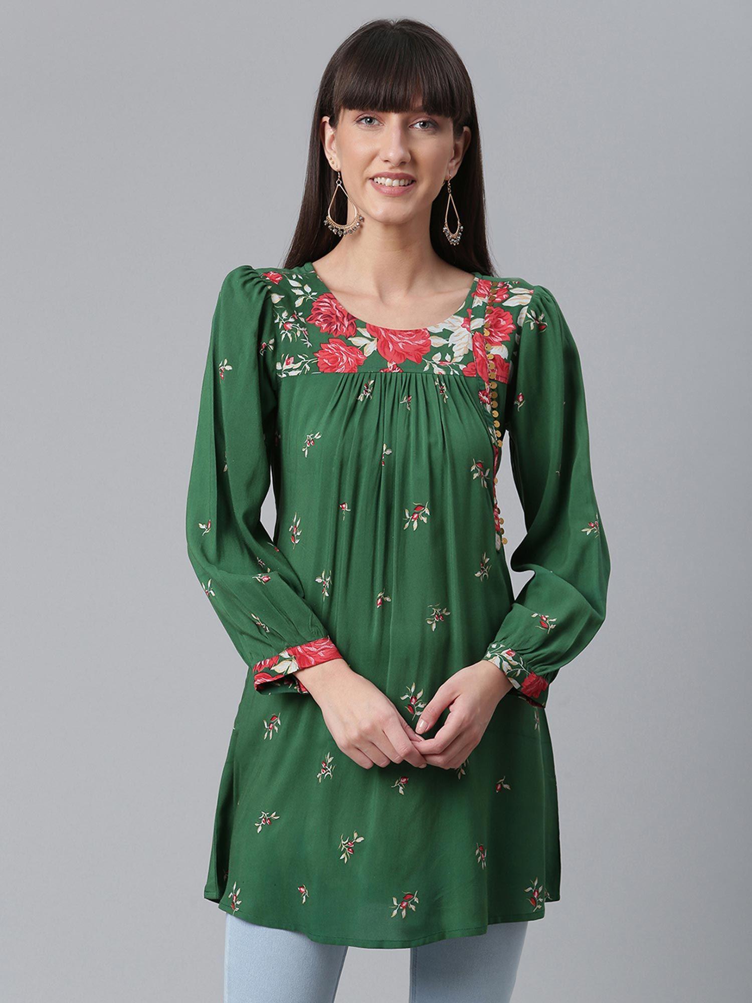 viscose rayon green wax printed western tunic