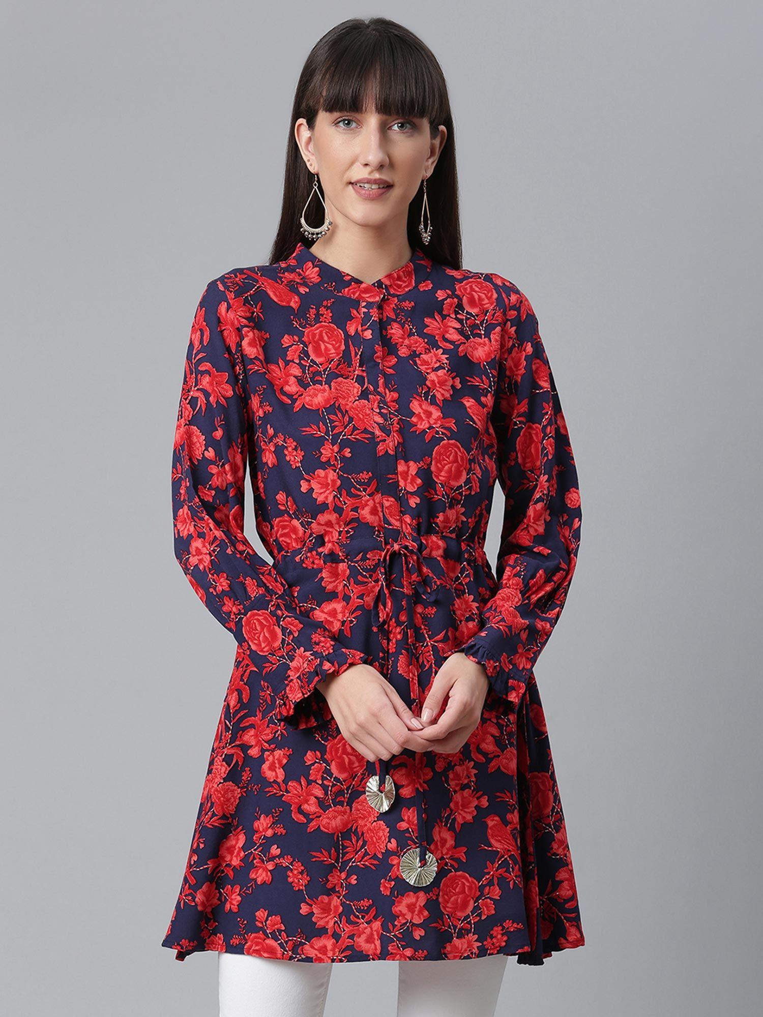 viscose rayon navy blue floral wax printed western tunic