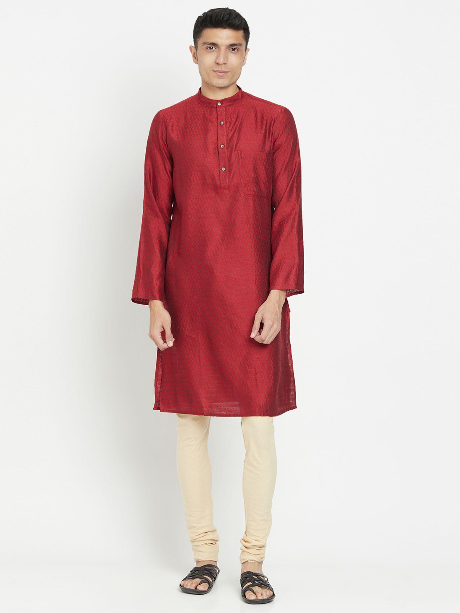 viscose rayon red self design men kurta