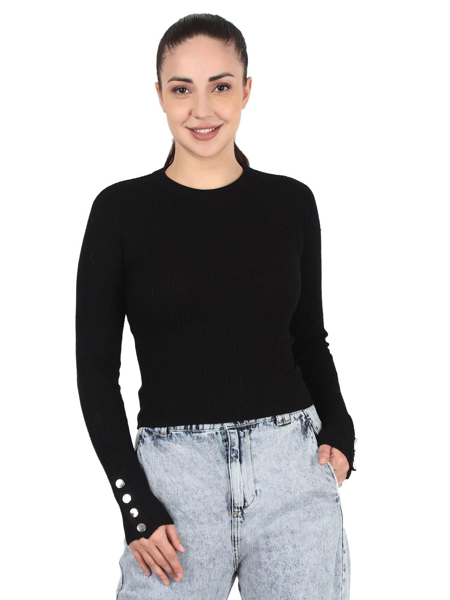 viscose round neck ribbed full sleeve black sweater