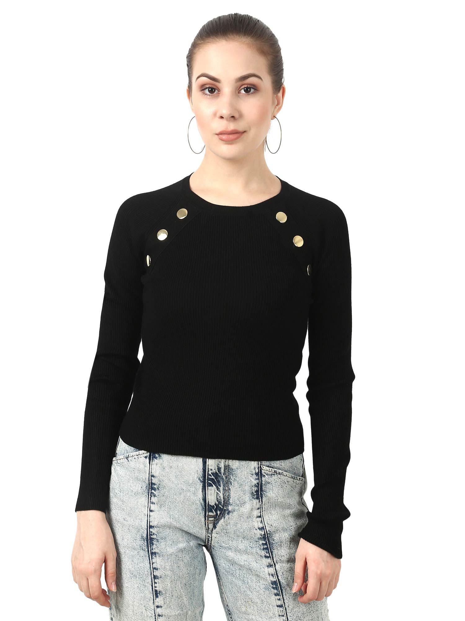 viscose round neck ribbed knit 3 button black sweater