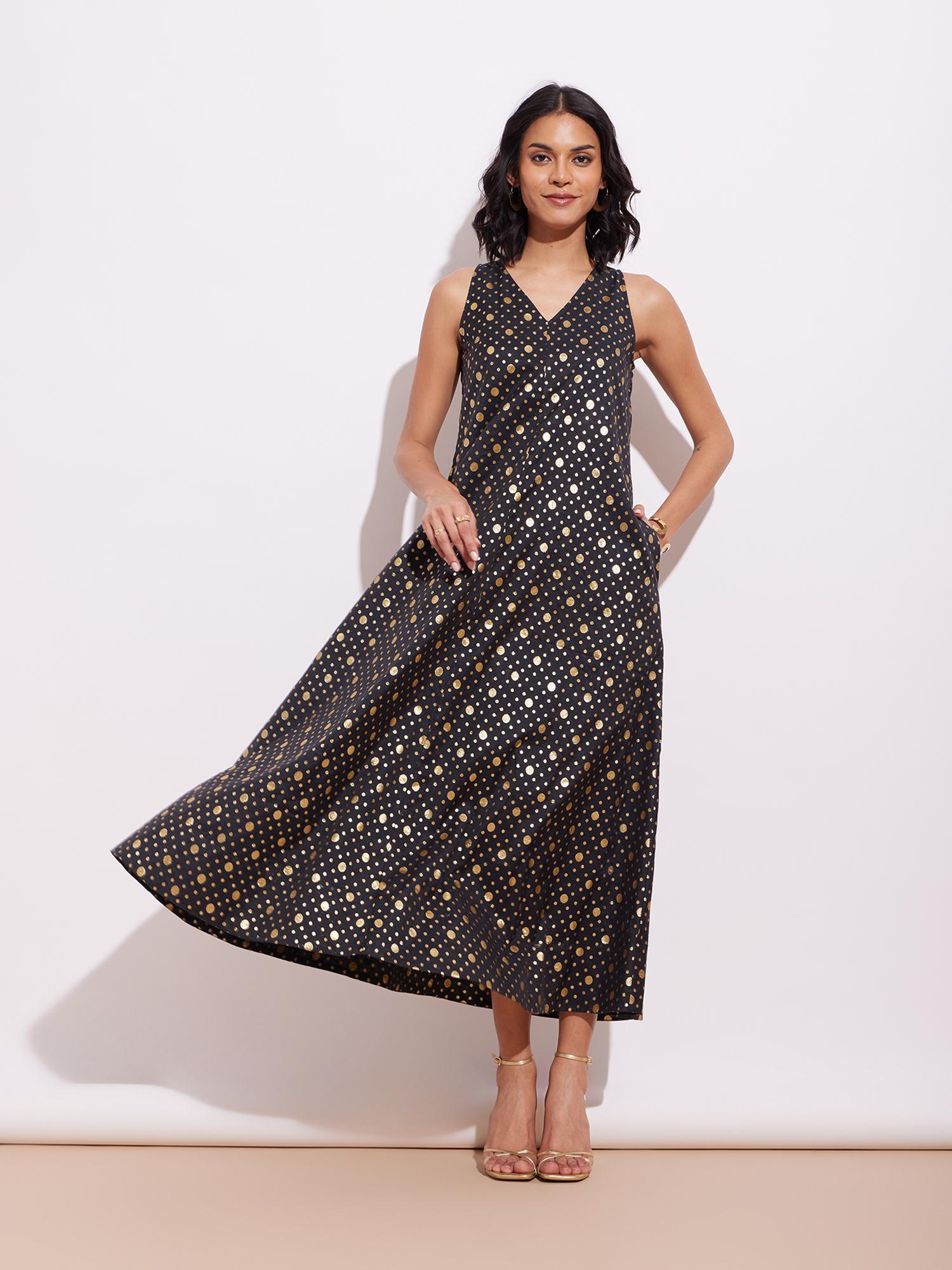 viscose silk brocade maxi dress - black