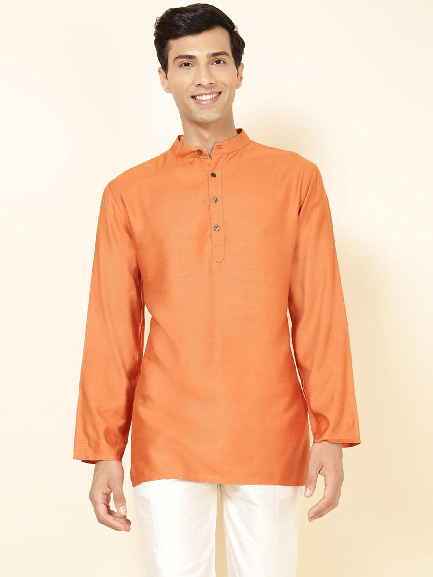 viscose silk orange solid mandarin neck full sleeves comfort fit men kurta