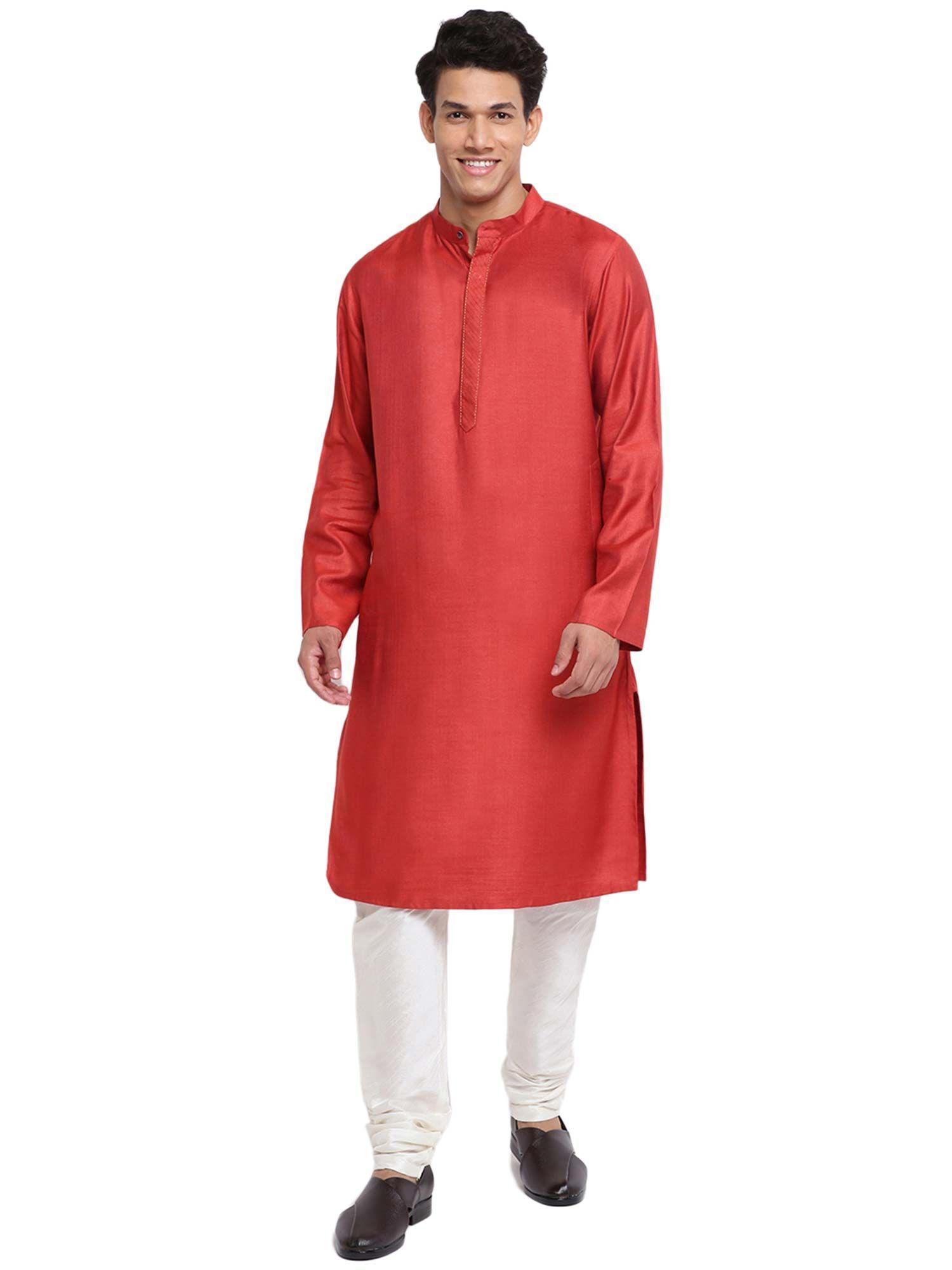 viscose silk red solid regular fit long kurta