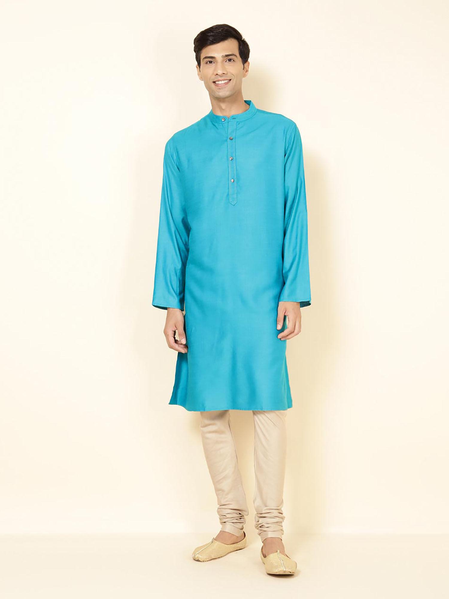 viscose silk turquoise solid mandarin neck full sleeves men kurta