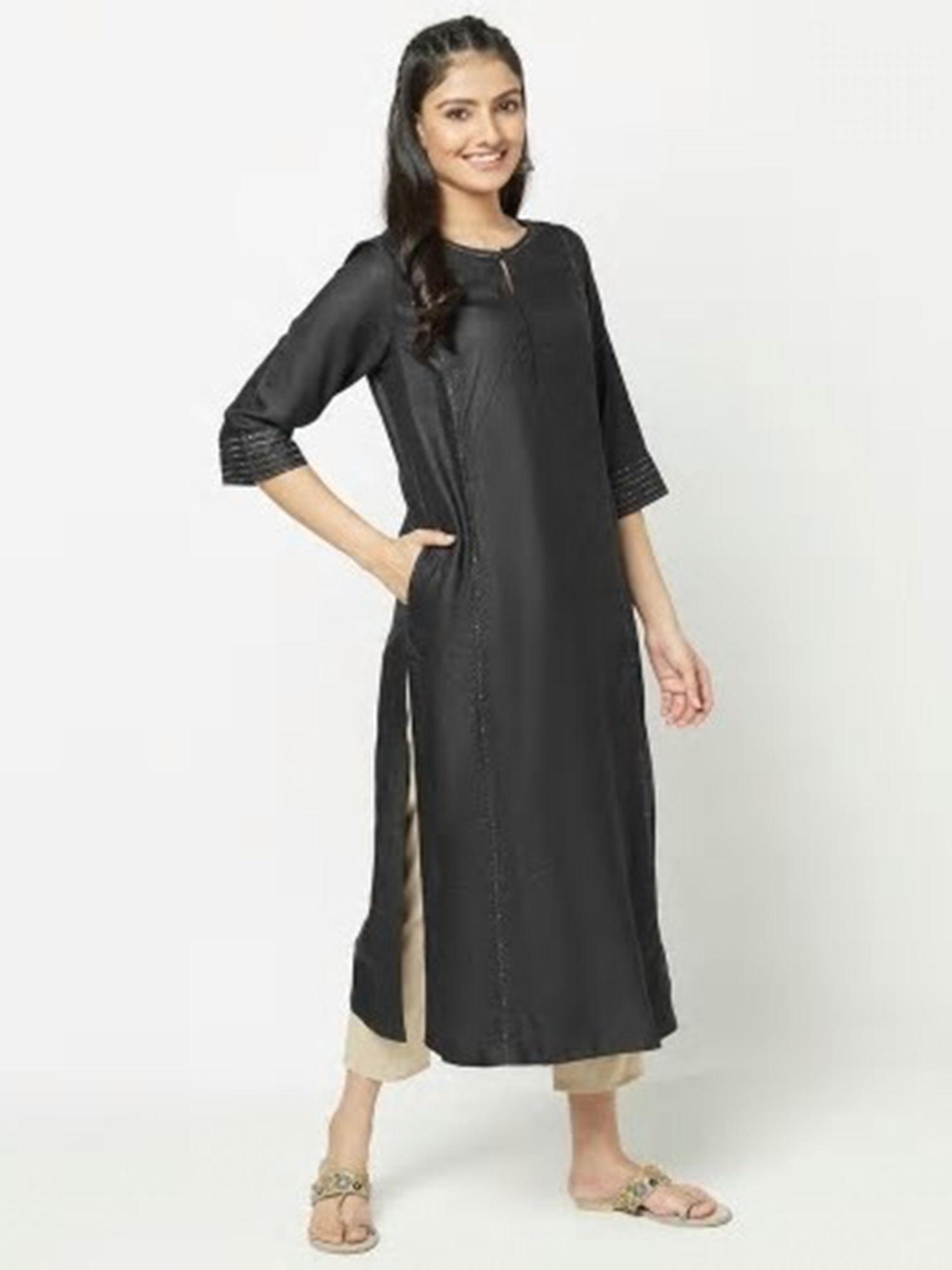 viscose tussar contrast trim long kurta