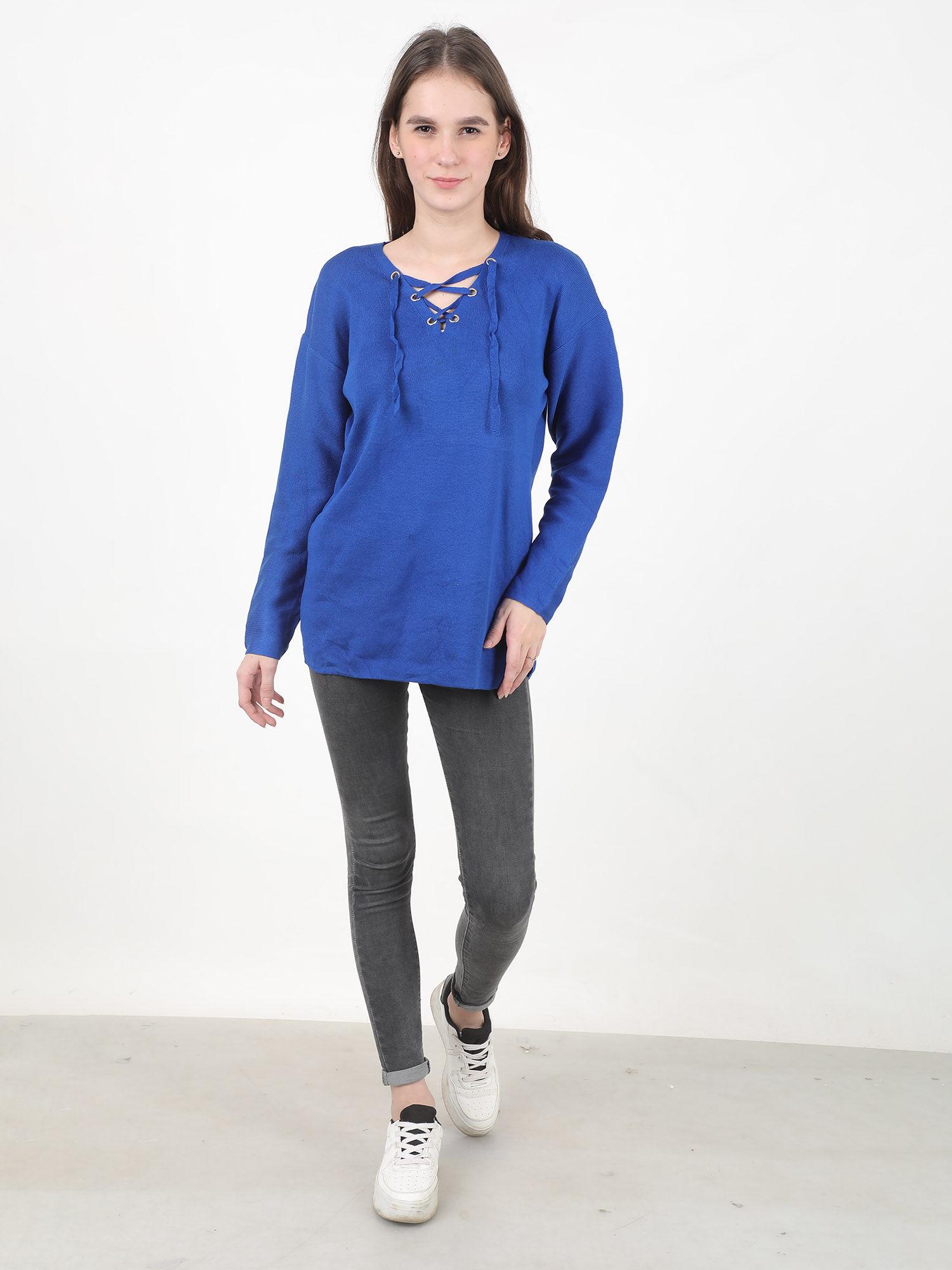 viscose v-neck criss cross lace up blue sweater