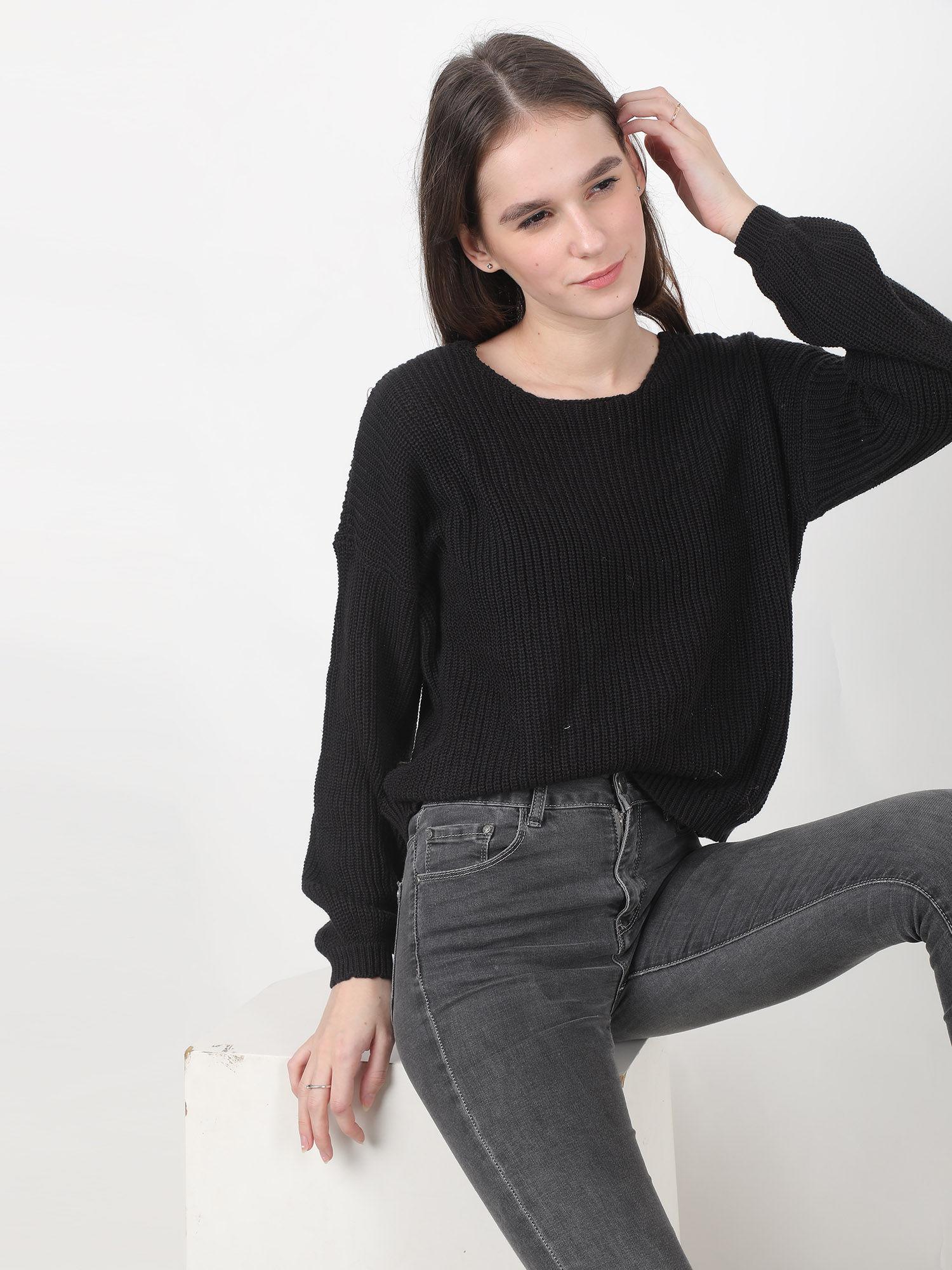 viscose v-neck solid knit back v-neck lace up black sweater