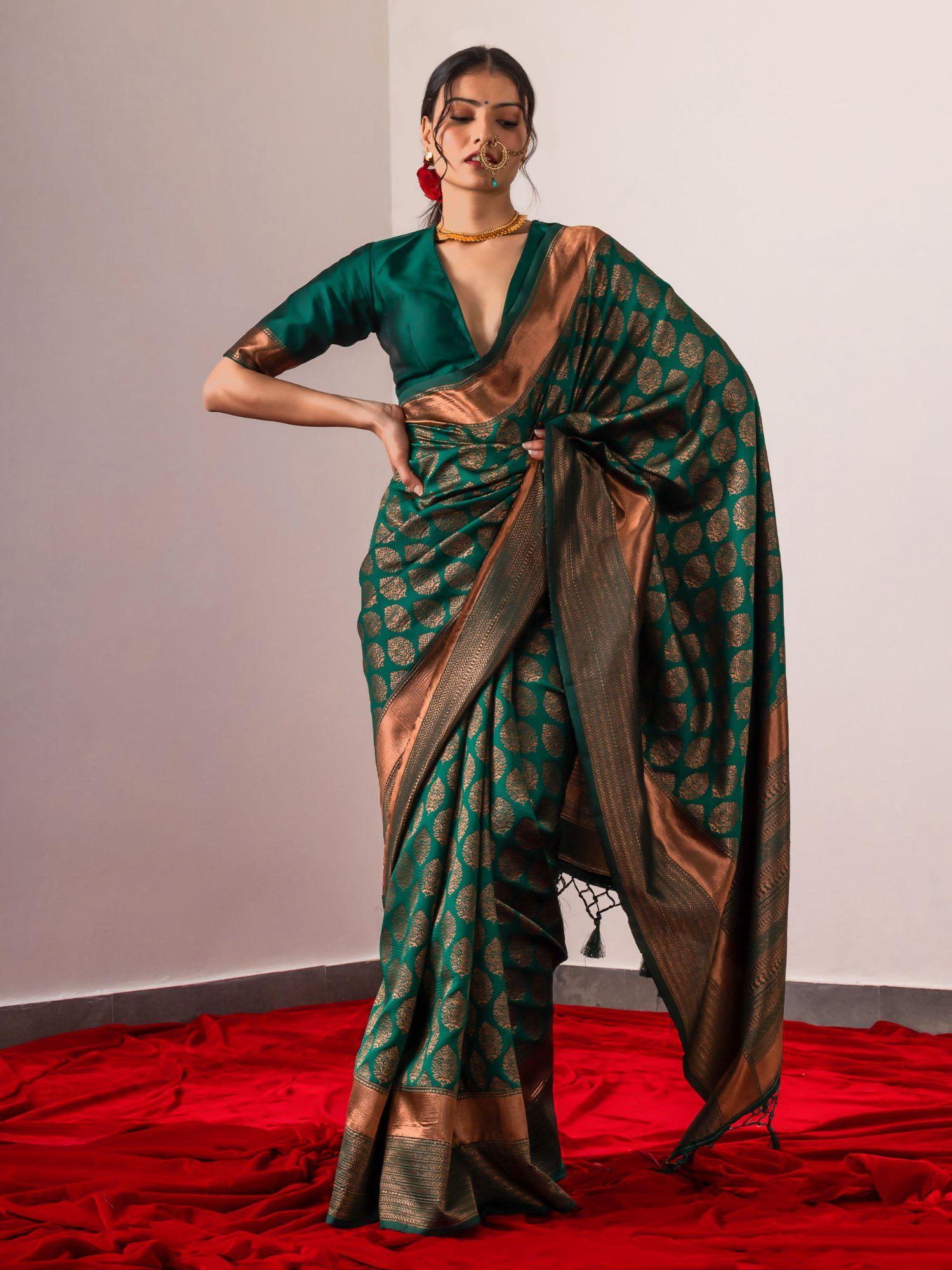 vishesh royal green bronze saree with unstitched blouse fabric