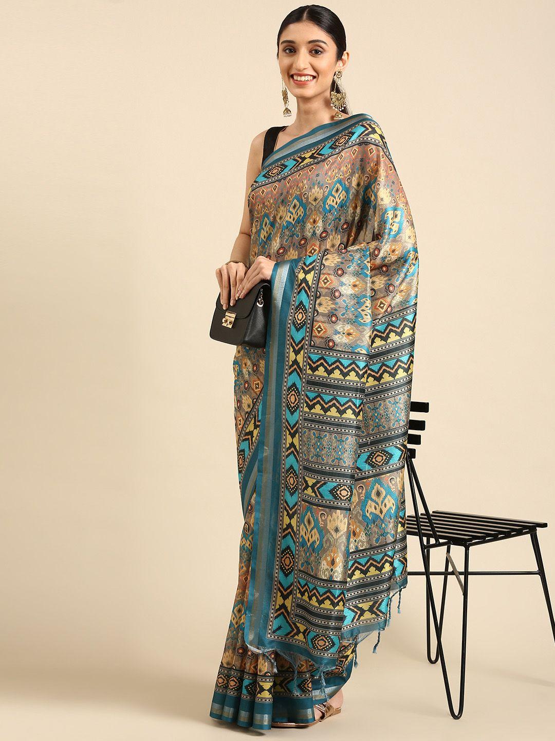 vishnu weaves blue & beige ethnic motifs printed saree
