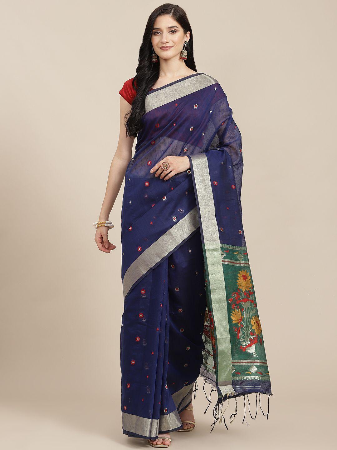 vishnu weaves blue woven design pure linen jamdani saree