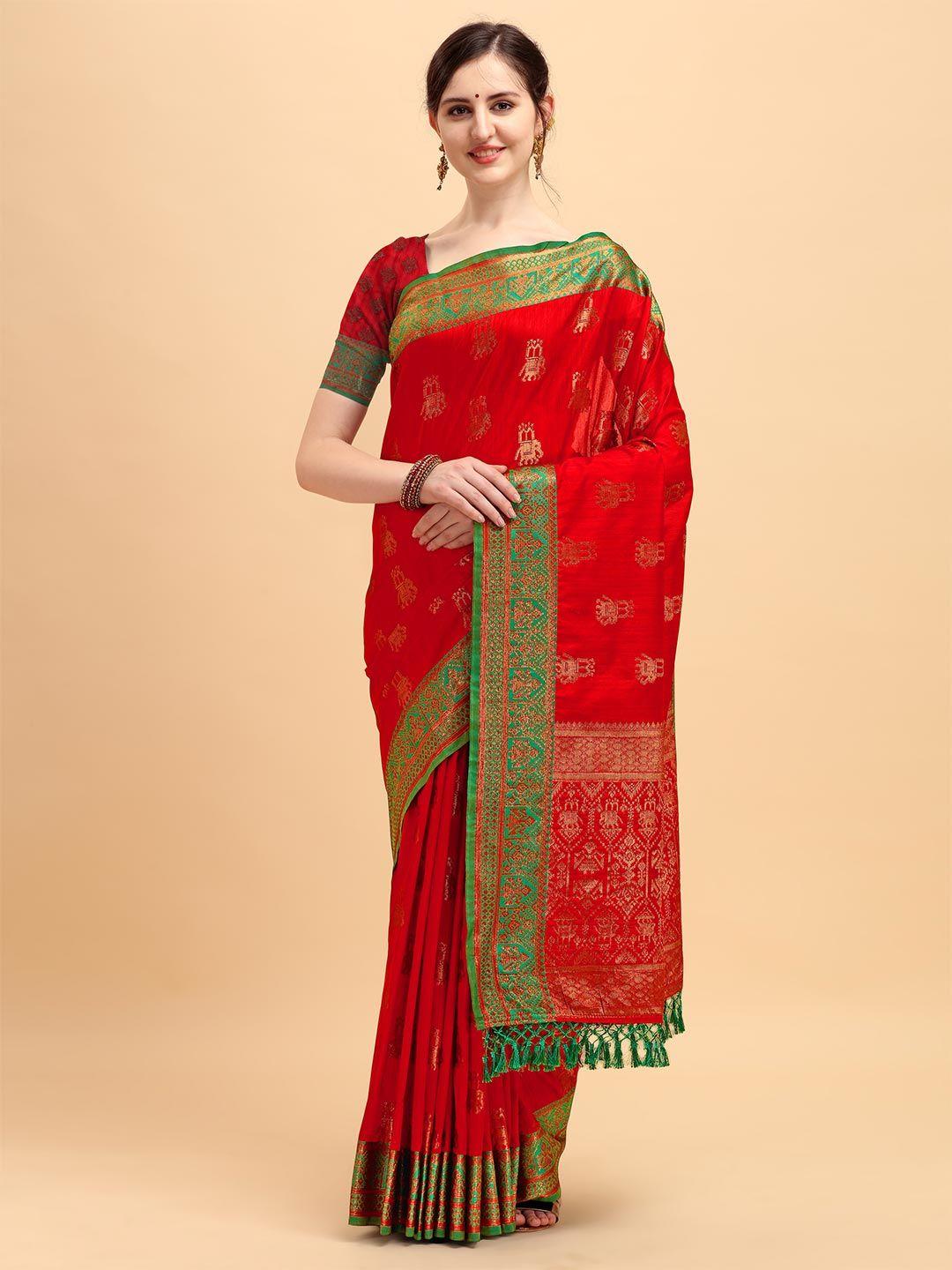 vishnu weaves brown & red ethnic motifs zari art silk banarasi saree